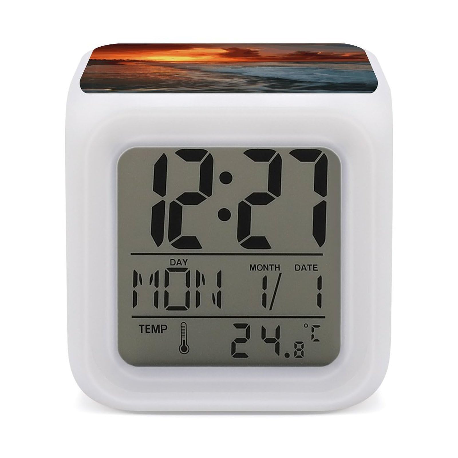 VstaDank The Beach Sunset Alarm Clock with 7 Color Changing Night Light Date Temp Display Wake Clocks LED Display Digital Clock Electric Desk Clocks for Living Office Bedroom Decor