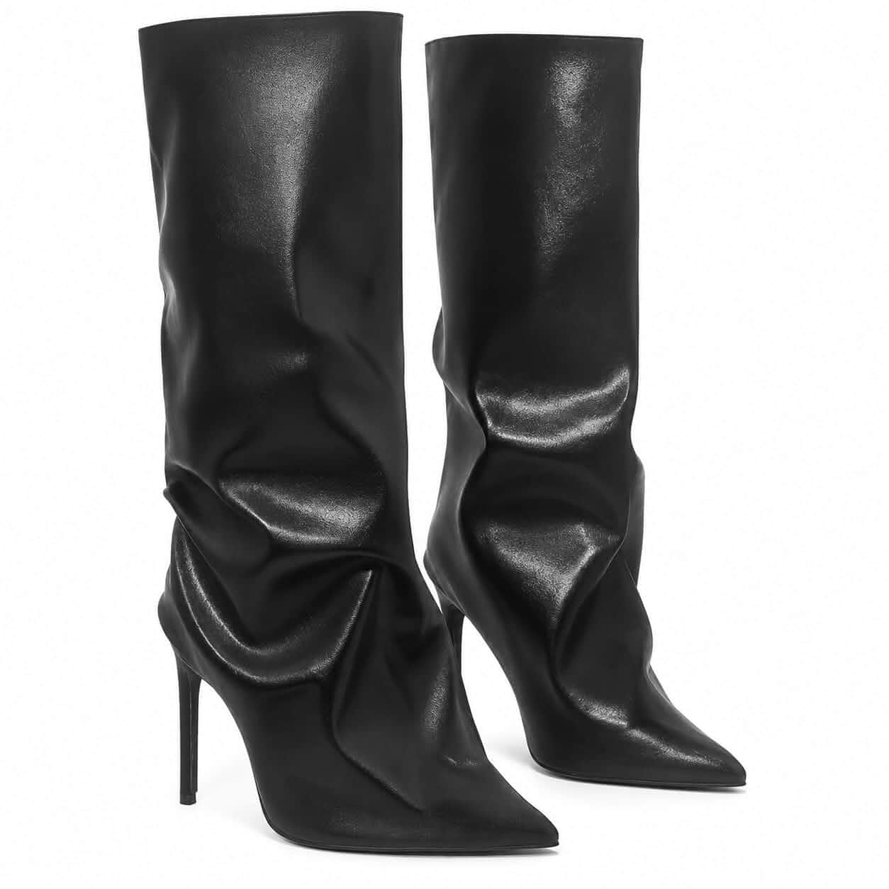 Women's Knee High Stiletto Boots, Pointed Toe Shark Design High Heel Pull On Black Leather Fold Over Boots for Women