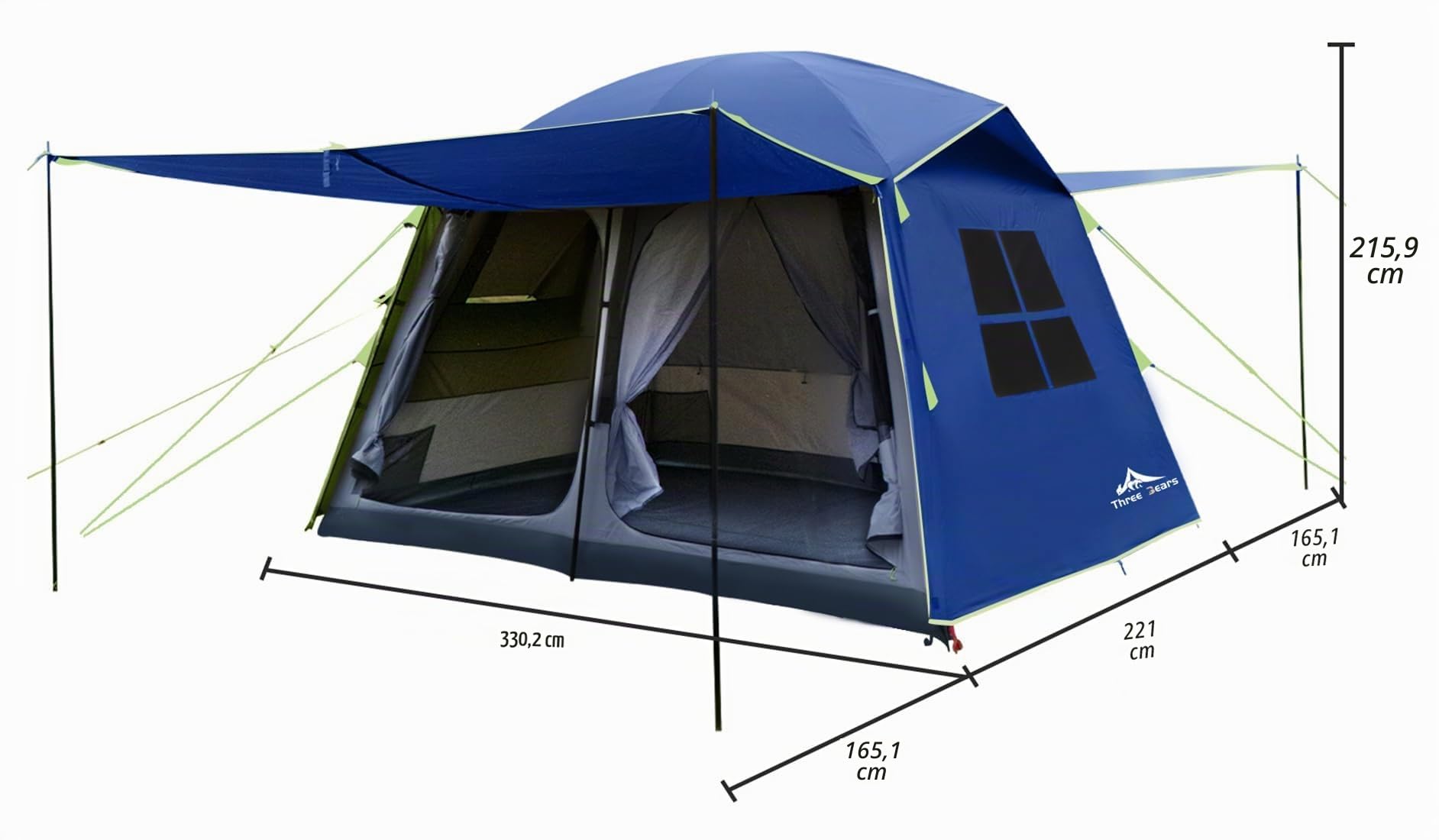 Three Bears Tente pour 6 Personnes, Double Couche imperméable pour Le Camping en Famille, vestibules Avant et arrière comme auvents Pare-Soleil (Bleu)