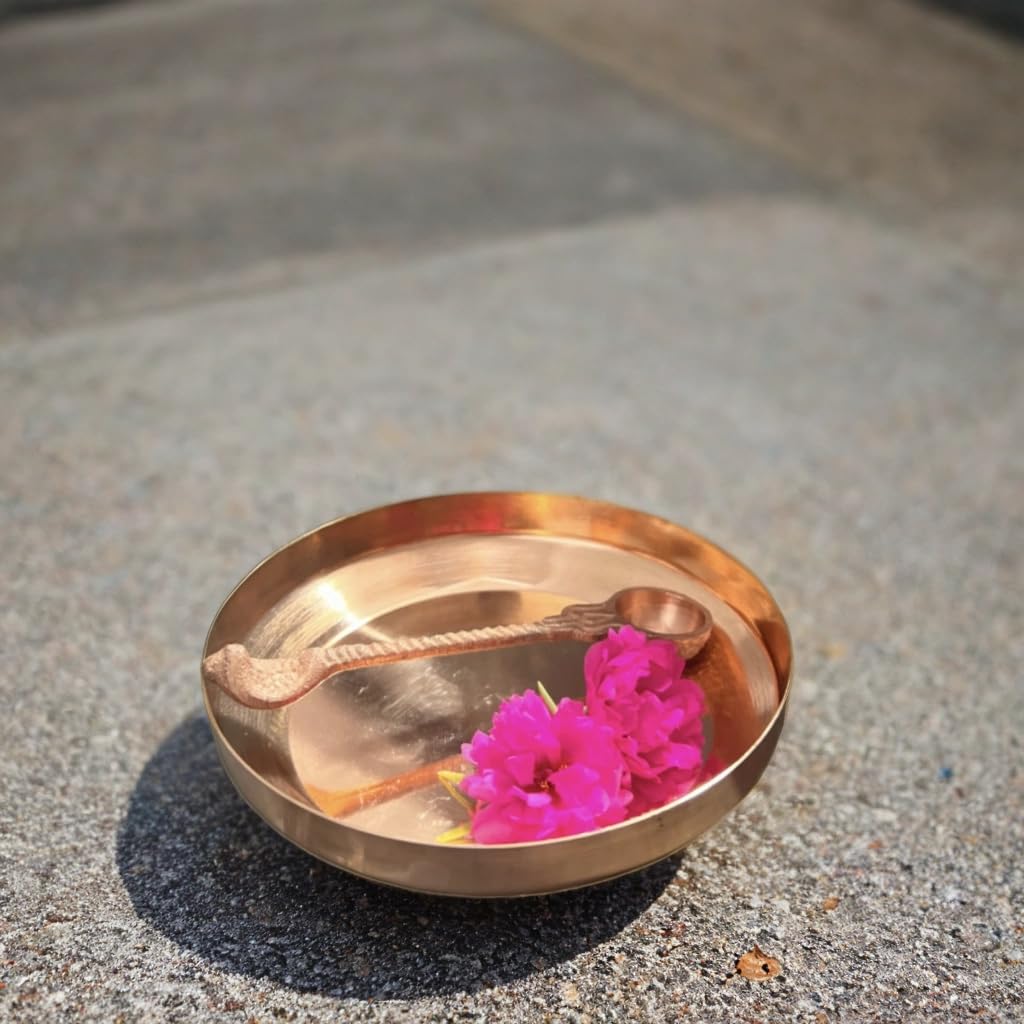 COOKWARE PARADISE Copper Panchapatra Set with Plate and Achamani Spoon for Hindu Puja/Pooja, Mandir, Temple, Charanamrit, Abhishekam Rituals 1