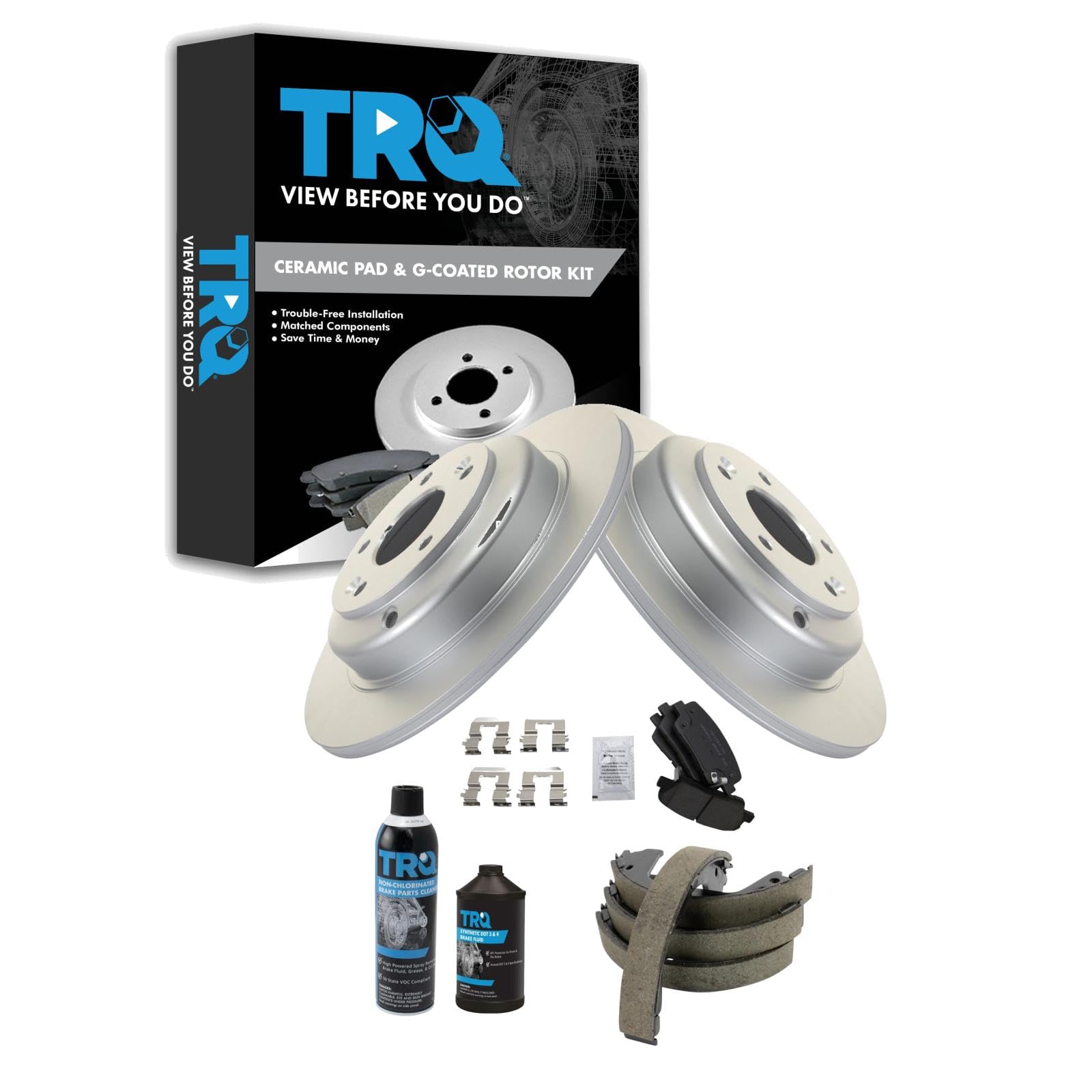 TRQ Rear Brake Pad &amp; Rotor Kit, with Chemical Kit Parking Brake Shoe Set Ceramic Premium G-Coated Compatible with 2010-2014 Hyundai Genesis Coupe
