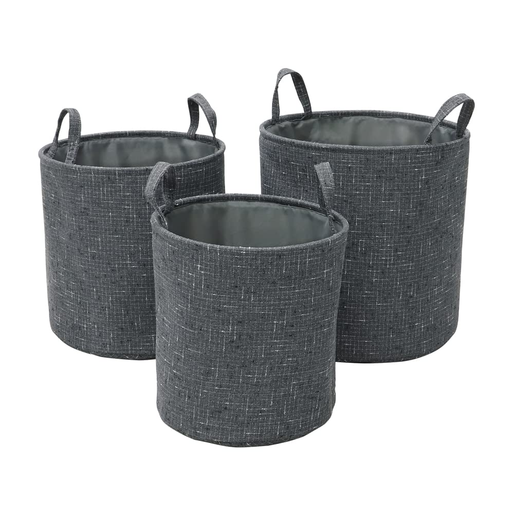 JVL Shadow Round Fabric Storage Baskets with Handles Set of 3 - Grey