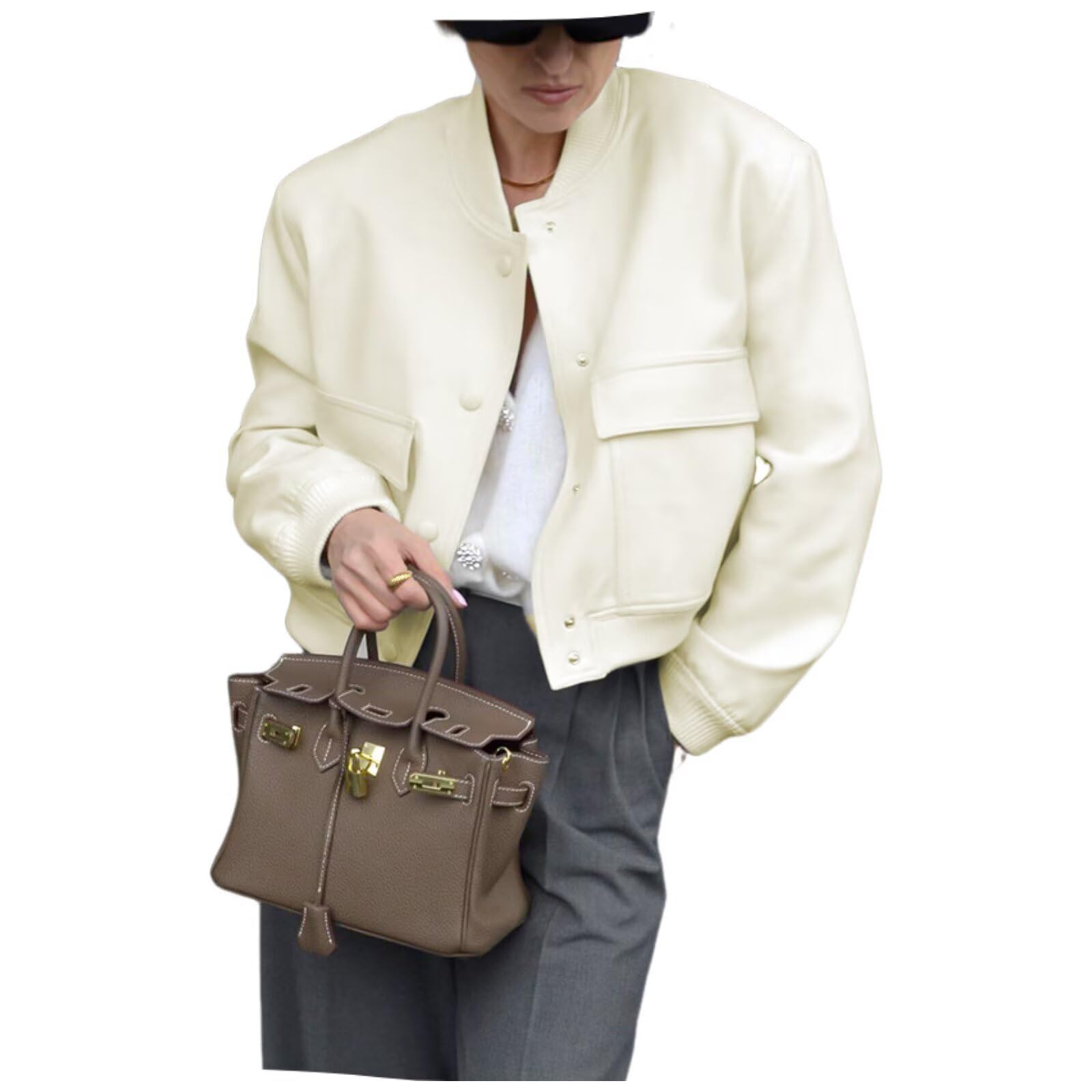 Damen Kurz Dünne Bomberjacke Classics Ladies Einfarbig Varsity Bomber Sweat Jacket Leichte Pilotenjacke Kurzjacke Damenjacke Herbst Frühling College Jacket Sweatshirt mit Tasche