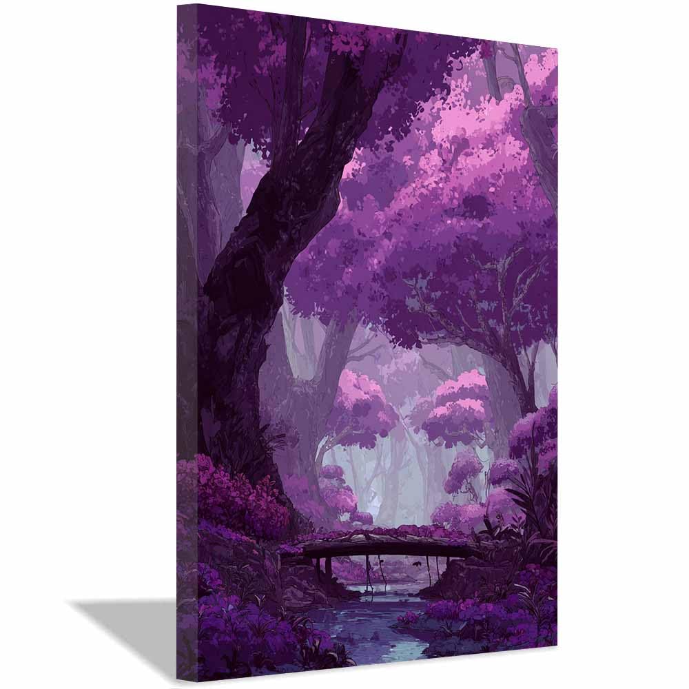 HOQIU Wall art for home decor Purple Forestss Stream canvas artwork for wall, art prints, For living room, bedroom, bathroom, dining room, painting and decor.(Multicolor)-30x40cm Framed