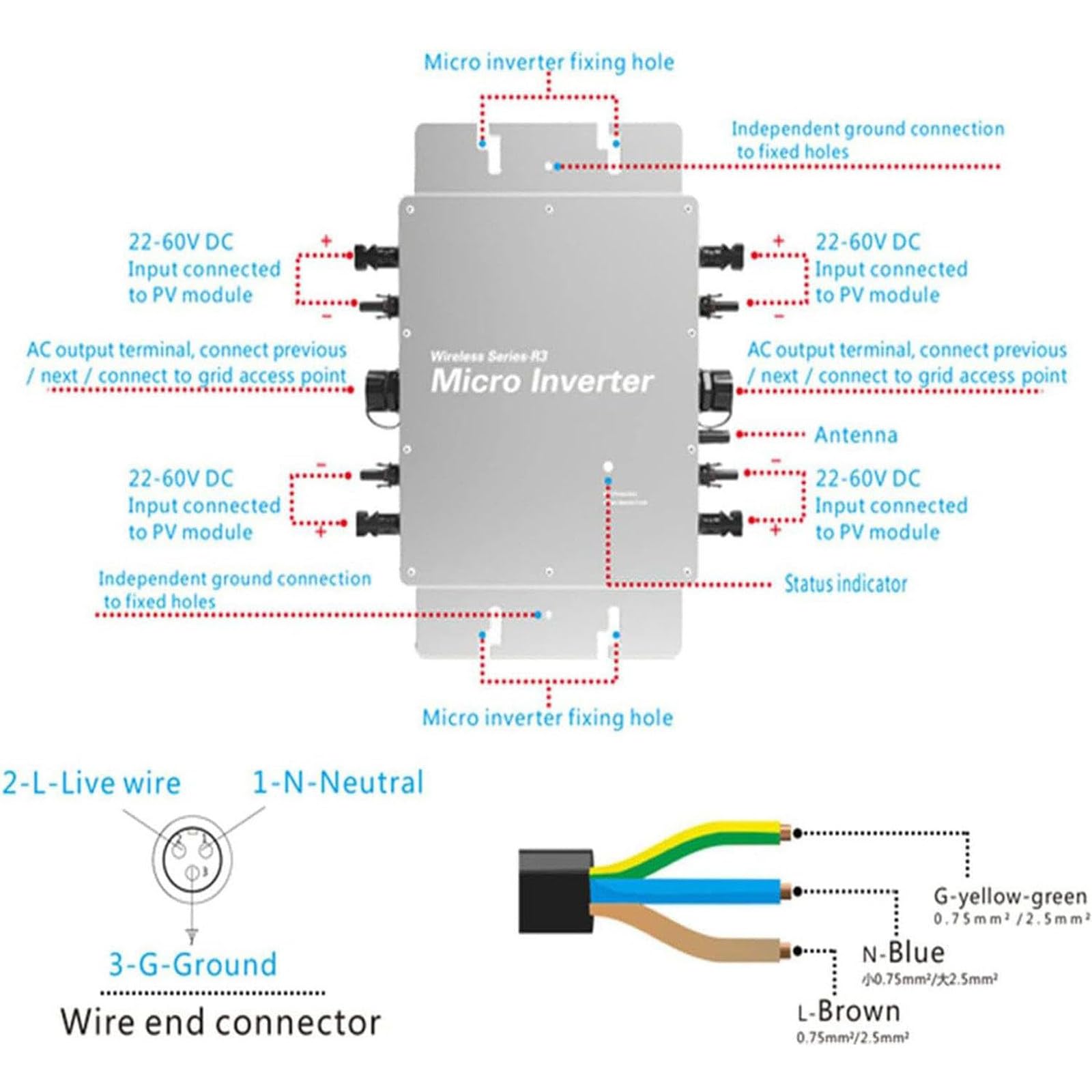 Micro Inverter Solare, Micro Inverter Solare IP65 Mppt Impermeabile, Uscita 22-60 V, 120 V-230 V, Controllo Wi-Fi, Controllo App Mobile,2000W