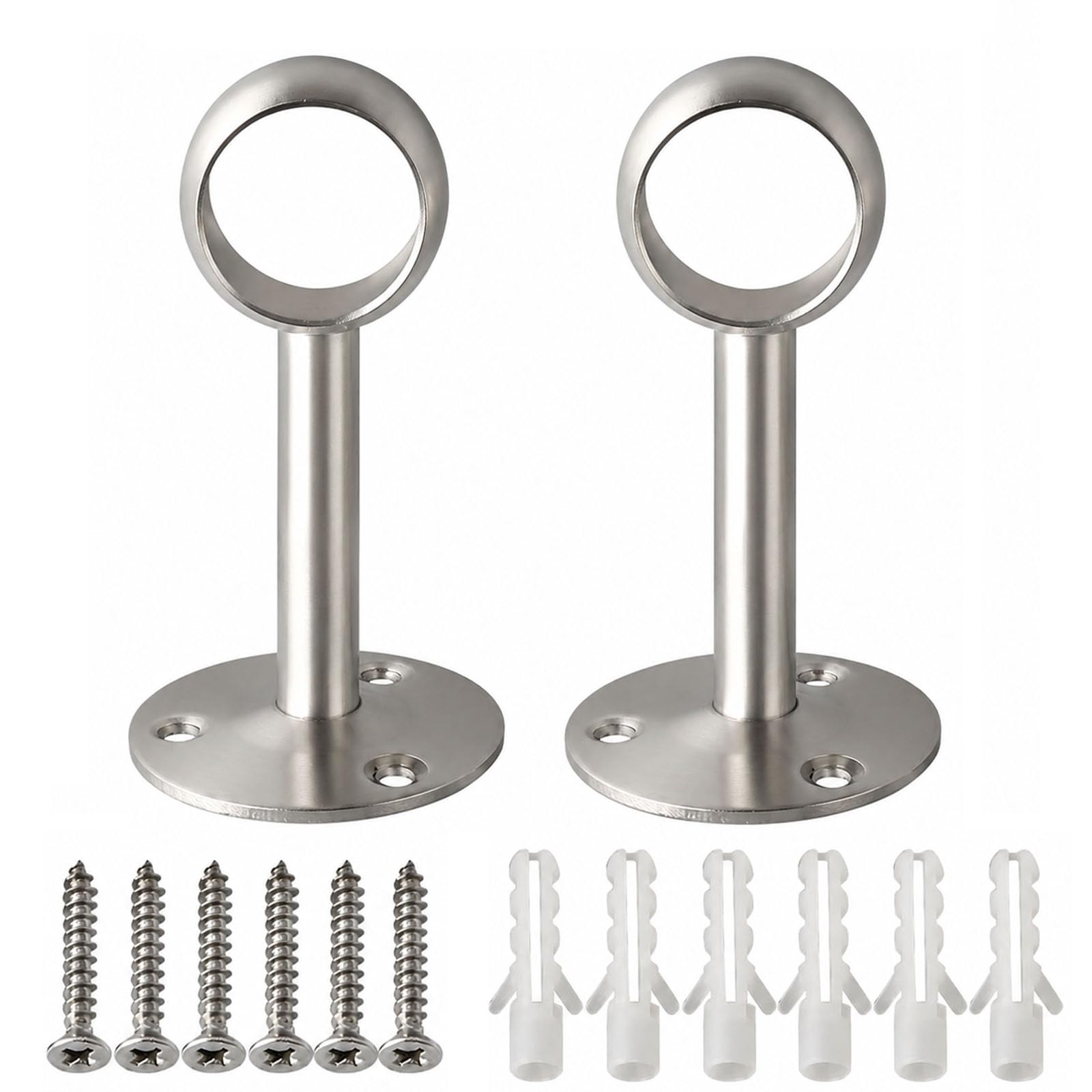 Fortunix 2 Pack Curtain Pole Brackets, 19 mm Ceiling Mounted Curtain Pole Holders Silver, Stainless Steel Wardrobe Rail Heavy Duty Closet Hangers Bracket Supports with Screws, Wall Rails for Clothes