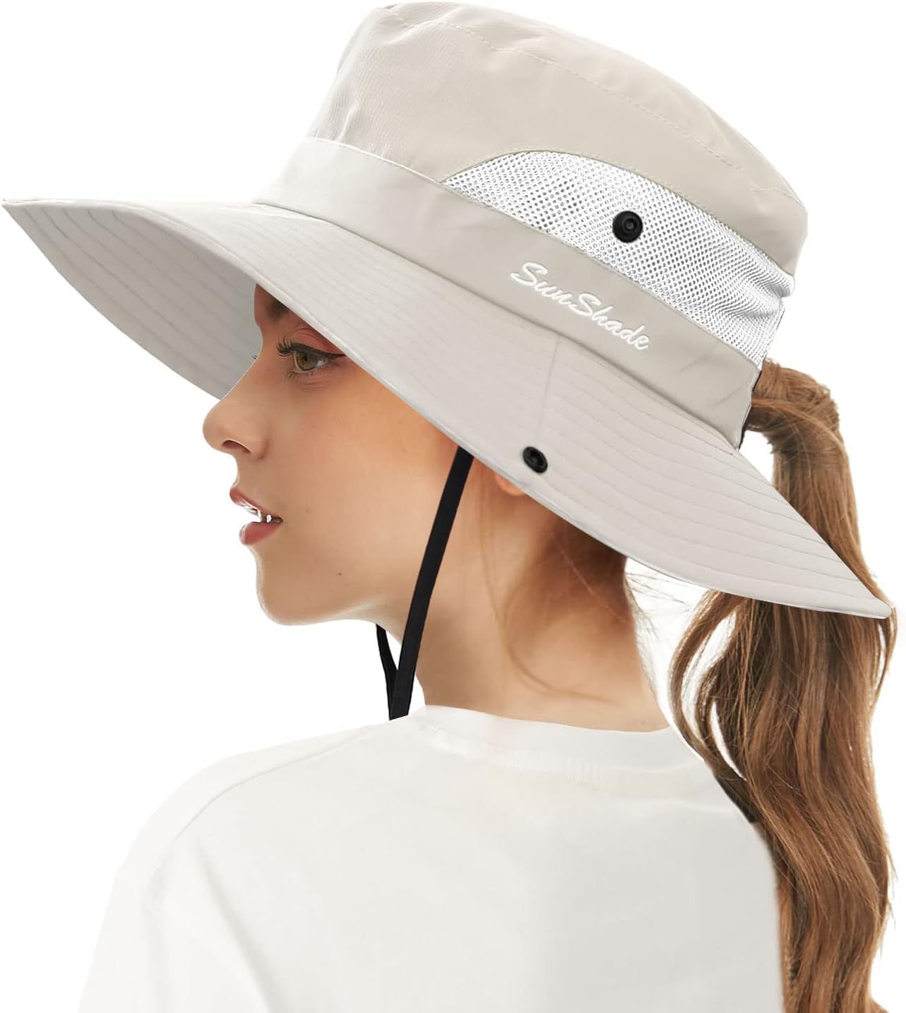 Womens Sun Hats Wide Brim UV Protection Mesh Foldable Ponytail Bucket Fishing Hat Beach Cap for Fishing Hiking Gardening