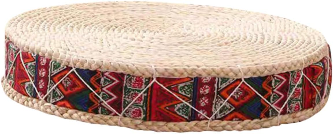 VICASKY Bohemian Red Woven Floor Pillow 30cm Diameter X 7cm Height, Organic Straw Seating Cushion for Japanese Style Meditation, Tatami, Yoga, and Home Floor Seating
