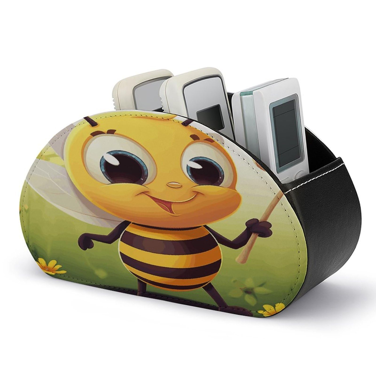 FekiLoot Honey Beem Remote Control Holder, PU Leather Remote Control Organizer Box Stationery Remote Control Box Desk Storage Organizer for DVDs,Glasses,Pens,Media Players