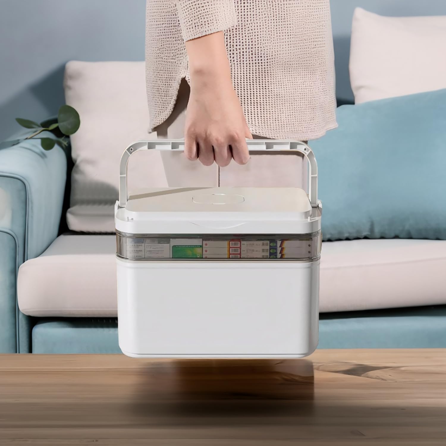 Caja para Medicamentos 3 Niveles | Botiquín Casa Portátil con Asa Ergónomica & Tapa Transparente (Blanco de Luna, 40,5x28x22 cm)