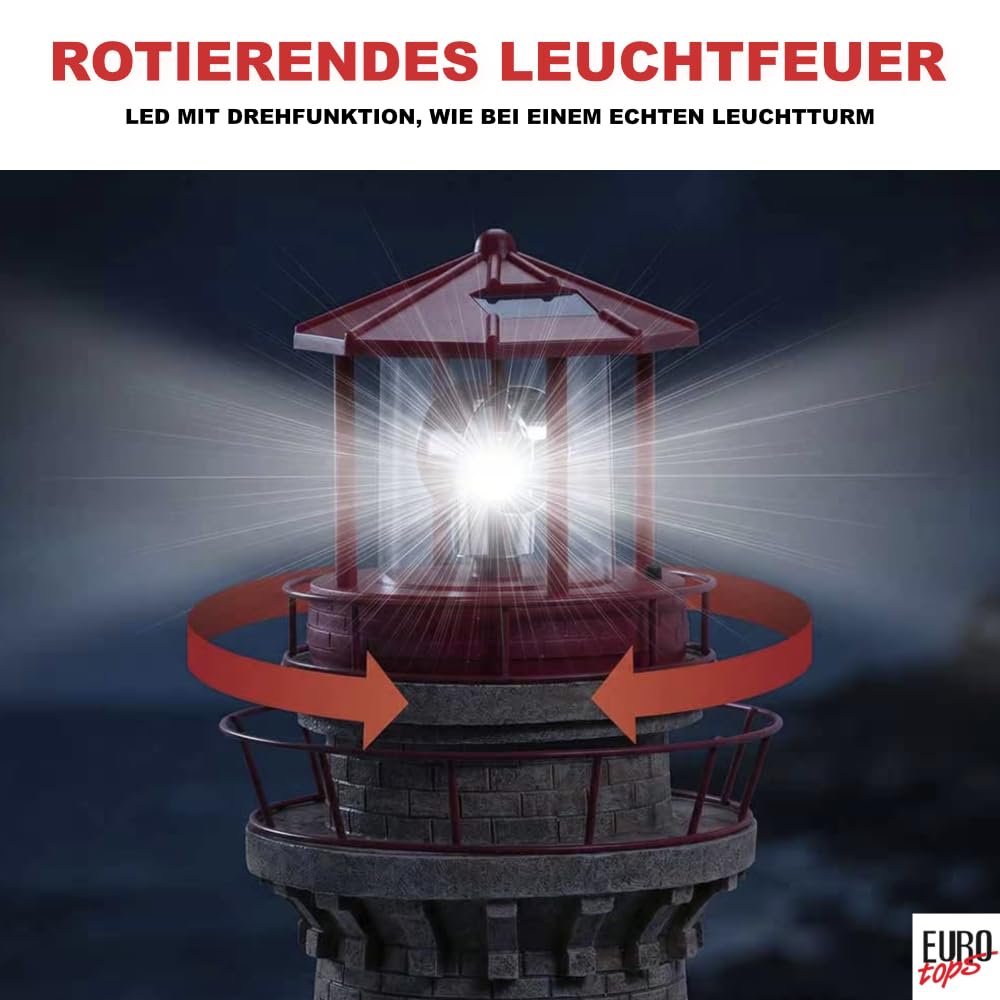EUROtops Solar-Leuchtturm Kap Arkona Gartenleuchte LED mit Dämmerungssensor, handbemalte Maritime Deko, IP44