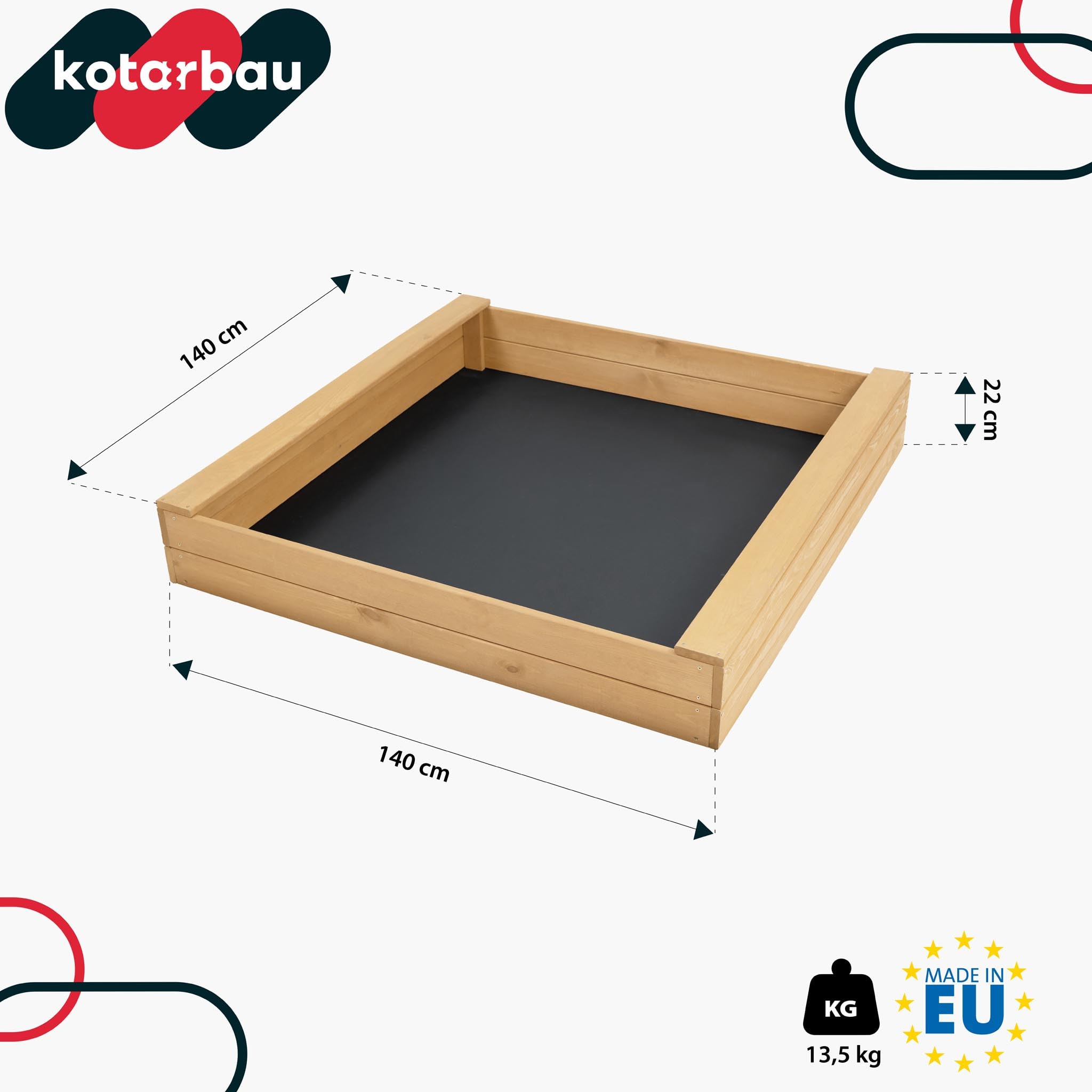 KOTARBAU® Piaskownica z ławką do siedzenia – 140 x 140 cm – piaskownica z drewna – piaskownica z 2 ławkami – zabawka ogrodowa dla dzieci – z włókniną do piaskownicy – drewno sosnowe – naturalna