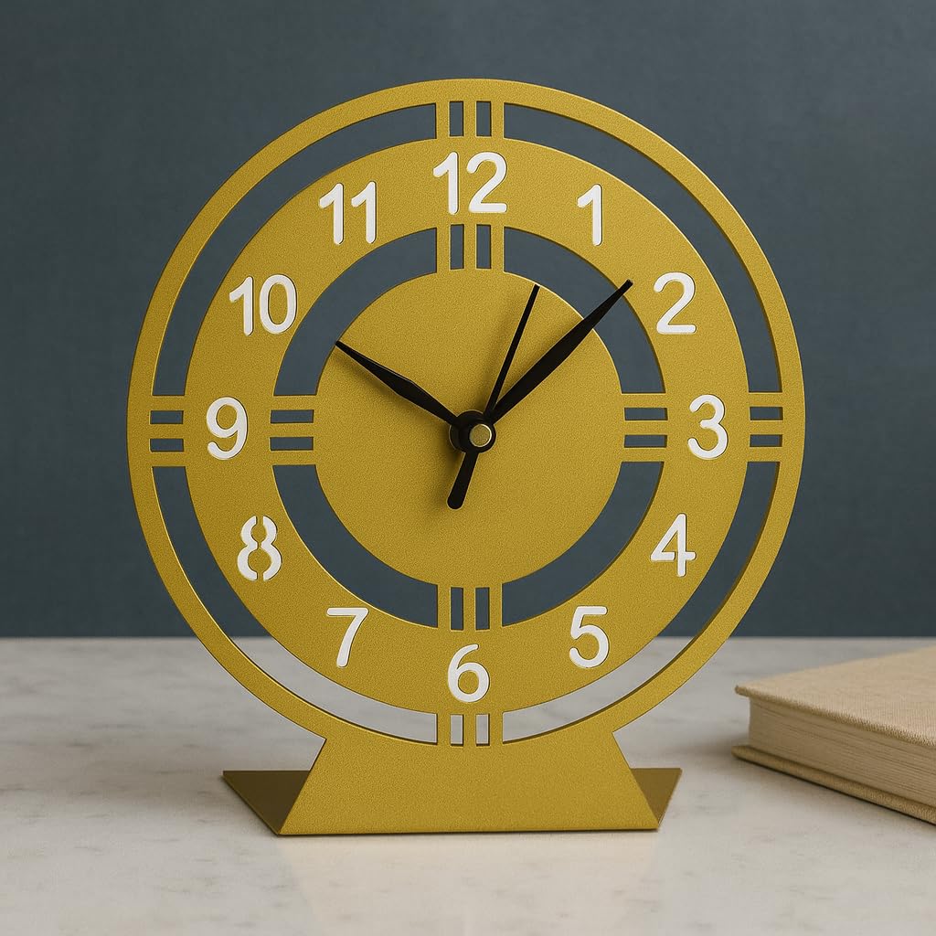 Ingo creation Designer Metal Table Clock with Sweep and Silent Machine || 20 cm Diameter || Matte Golden-image-41