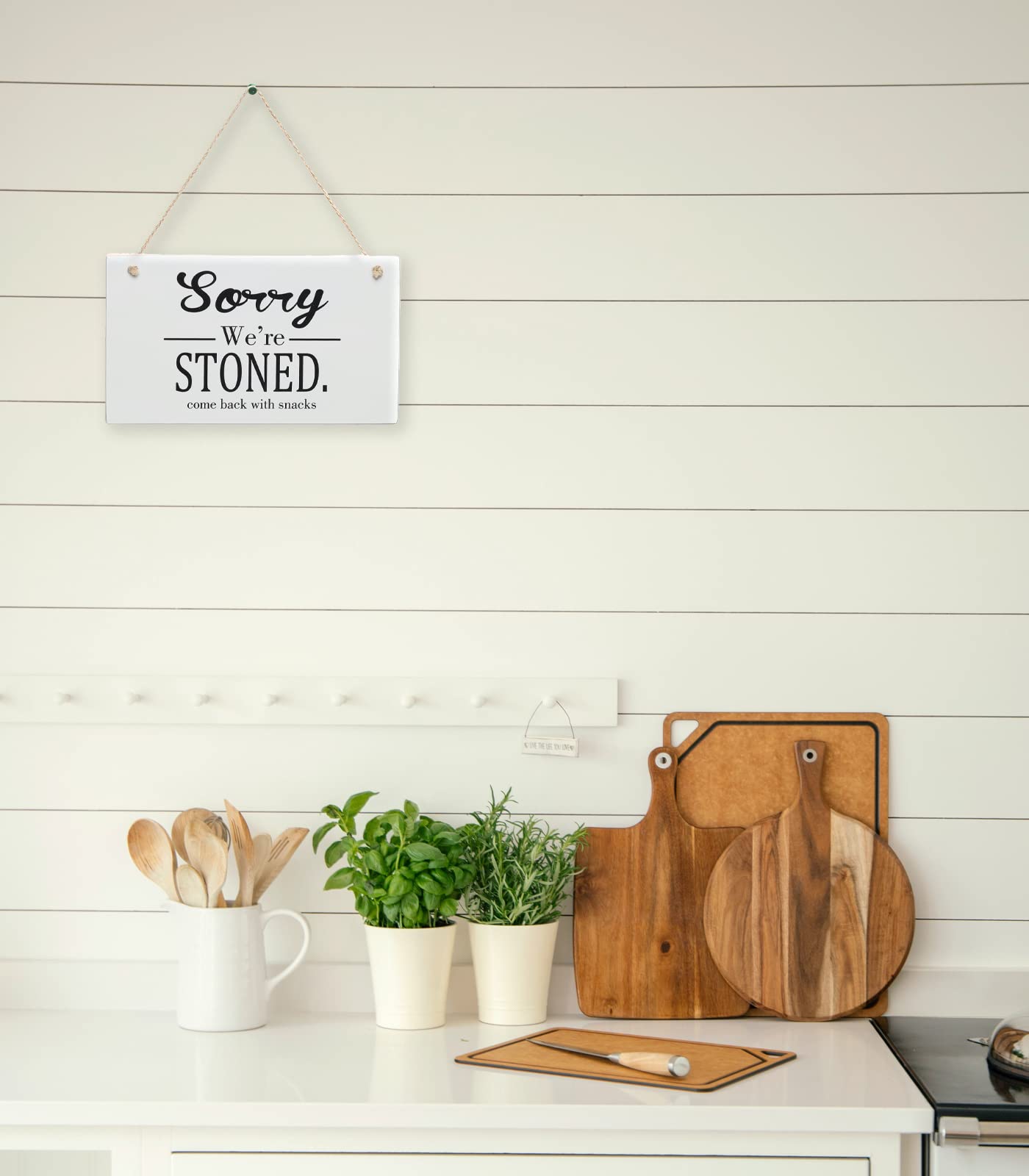 Cartello In Legno Divertente "Sorry We're Stoned. Come Back With Snacks" - Decorazione Rustica 25x15 Cm