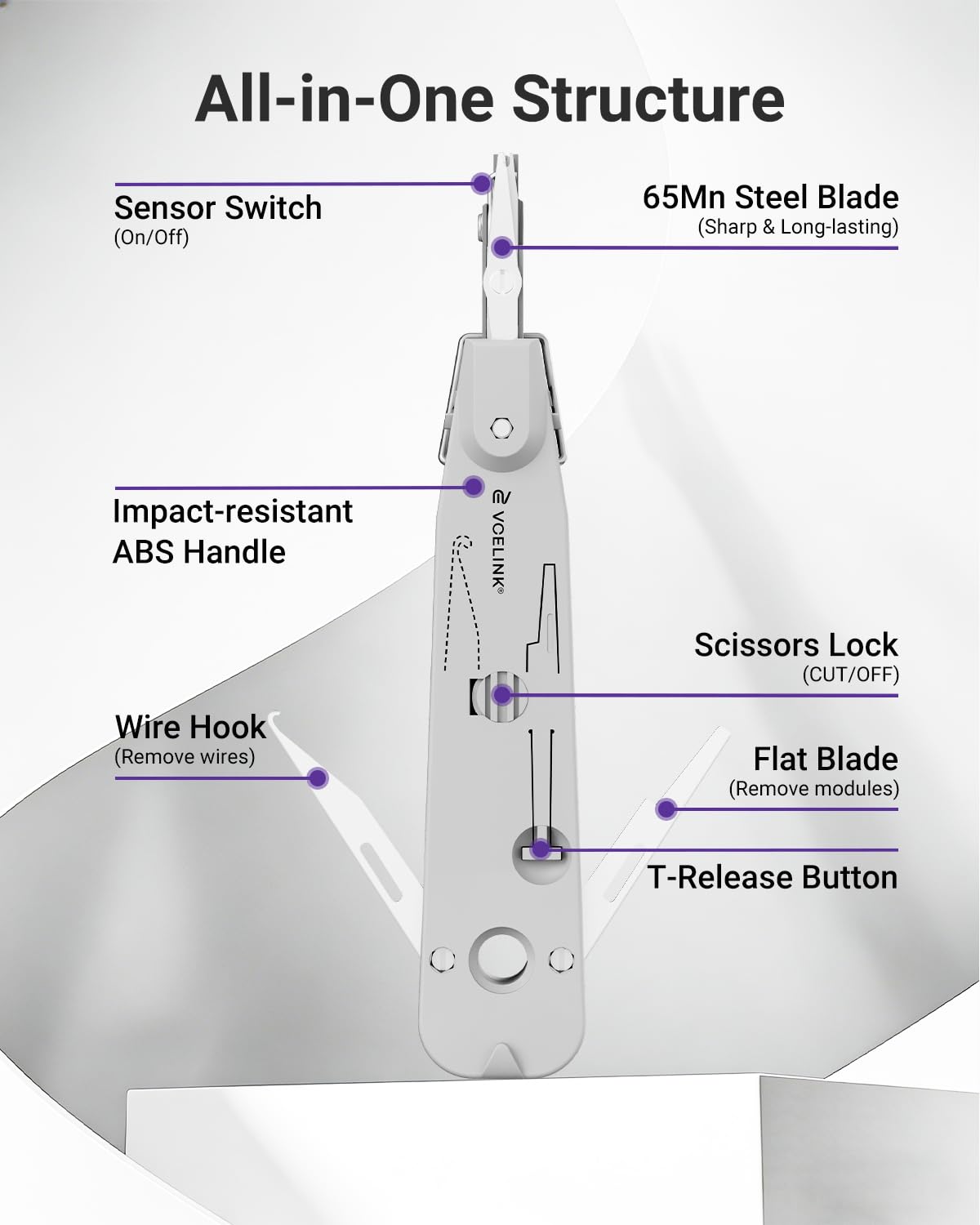 VCELINK Strumento di perforazione LSA 5 in 1 con sensore, strumento di inserimento di rete professionale per moduli Krone e LSA-Plus, gancio e spudger integrati con spellafili Combo