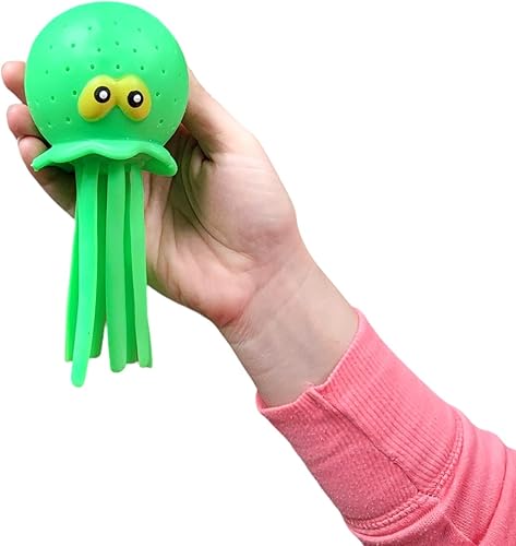 Cute Octopus Water Balls (7") Rubber Jellyfish. Bright Neon Colors: in Pink, Blue and Green. Squeeze and Splash Sensory Stress Relief Ball and Bath/Pool Toy (6 Pack)