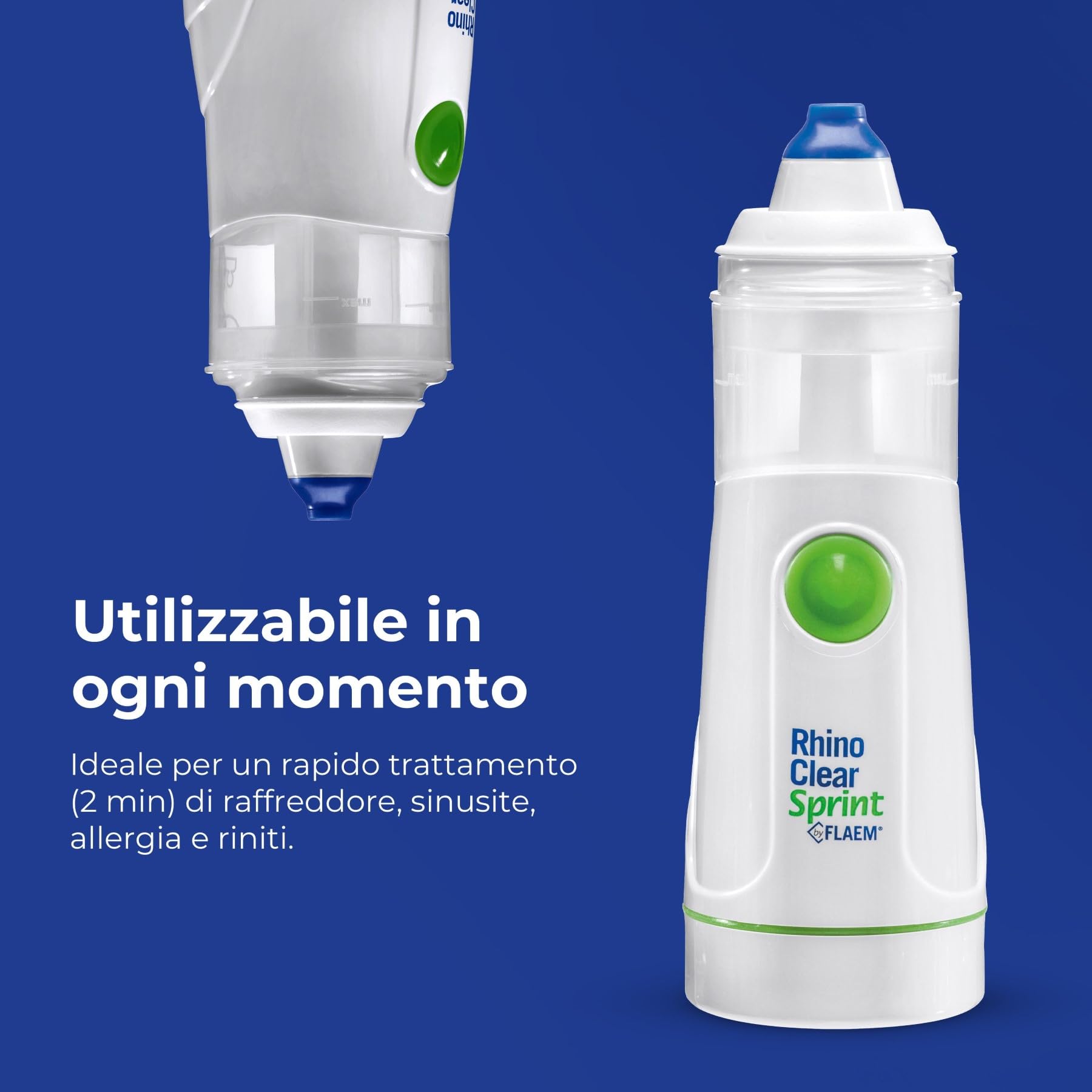 Flaem, Rhino Clear Sprint, Doccia Nasale Portatile, Lavaggio Nasale Bambini e Adulti, Trattamento delle Alte Vie Respiratorie per Raffreddori, Sinusite e Allergie, Funzionamento a Pile, Made in Italy