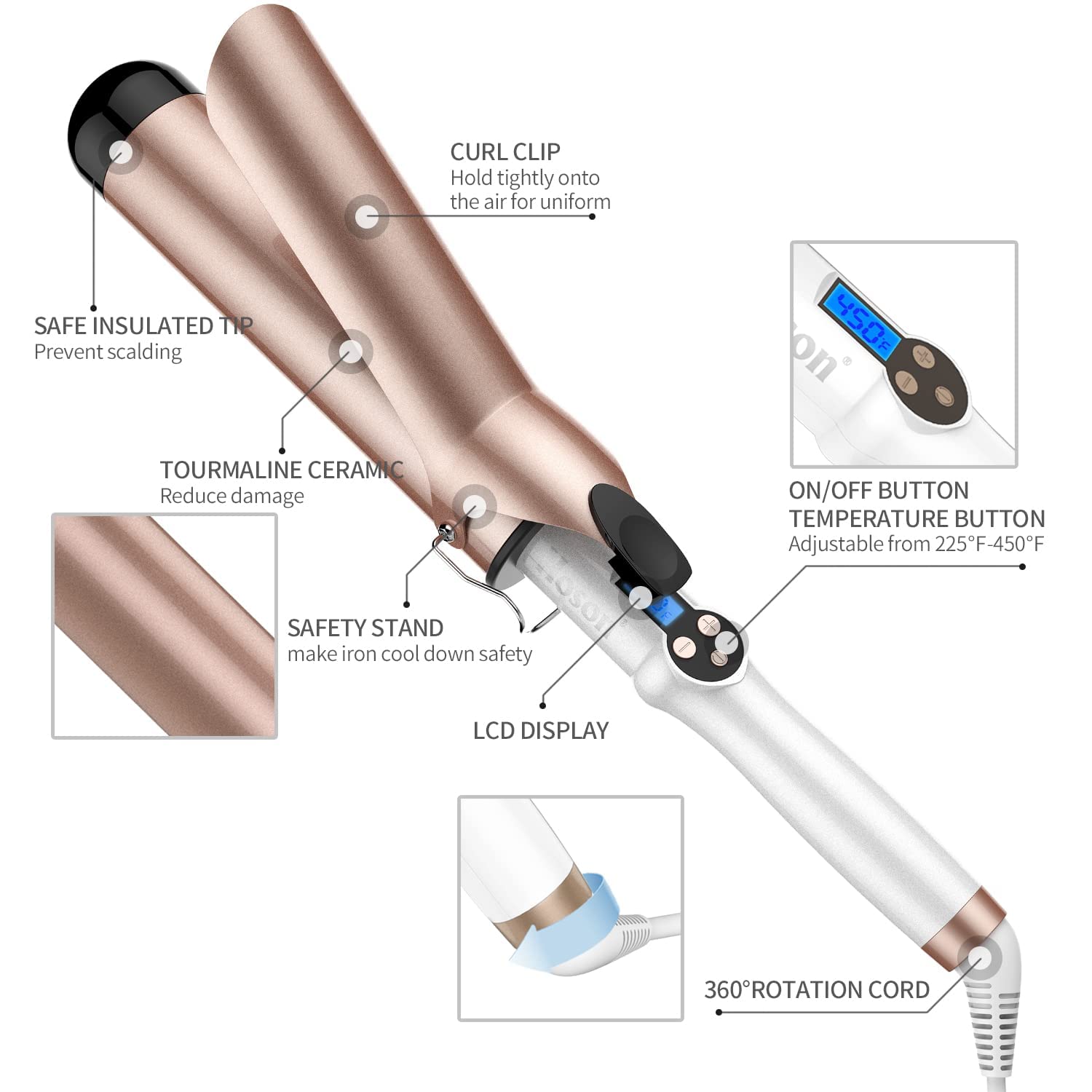 Hoson 50mm Lockenstab Pro Curl, Keramik Turmalin Beschichtung Lockenstab, LCD Display 9 Hitzeeinstellung 110 ℃ -210 ℃ mit Handschuh für alle Haartypen