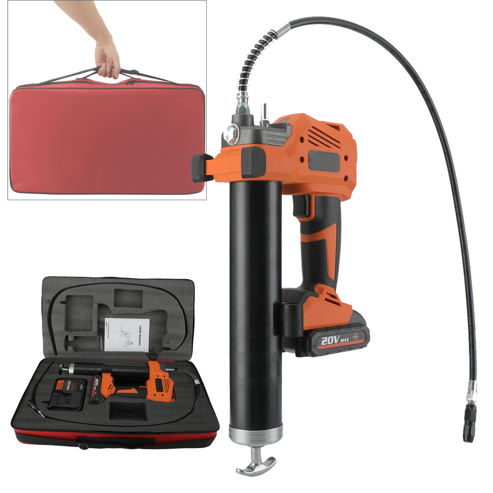 Pistola Engrasadora De 500 CC, Pistola Engrasadora Inalámbrica, con Manguera Flexible De 30 Pulgadas, 1 Batería De 20 V, 1 Cargador, 1 Caja De Almacenamiento