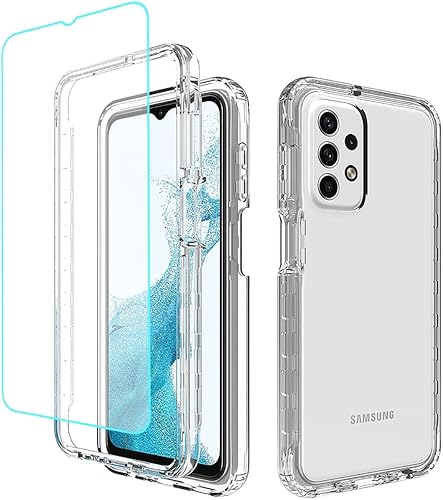 Funda de teléfono para Galaxy A23 4G, SM-A235M con protector de pantalla de vidrio templado, carcasa protectora de cuerpo completo transparente de