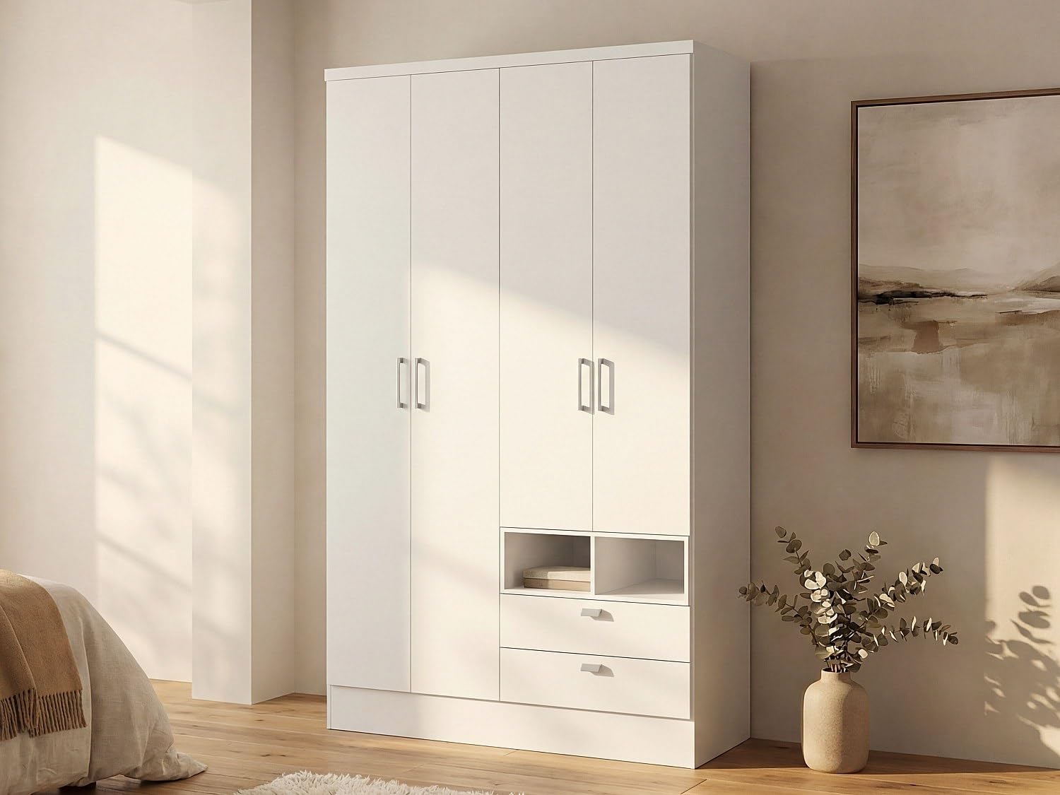 Vente-unique - Armadio 4 Ante e 2 cassetti L.120 cm Bianco - Odilon