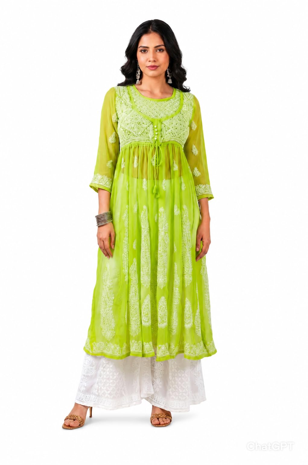 Women’s Angrakha Chikankari Gown with Hand Embroidery | Ethnic Georgette Anarkali Style Dress Light Green-image-31