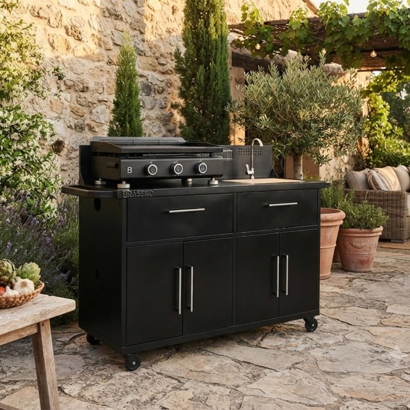 BRASERO by FAVEX – Station Pro Cuisine d'extérieur pour plancha 2 à 3 Feux – Évier INOX intégré – Planche à découper – 155 x 55 x 113 cm