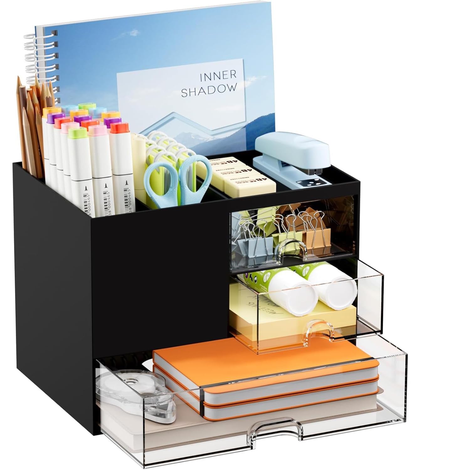 Shuttle Art Black Desk Organizer with 3 Drawers & 5 Compartments | Multi-Functional Pen Pencil Holder for Office, Home & Study Table | Desktop Storage Box for Stationery, Art Supplies & Accessories
