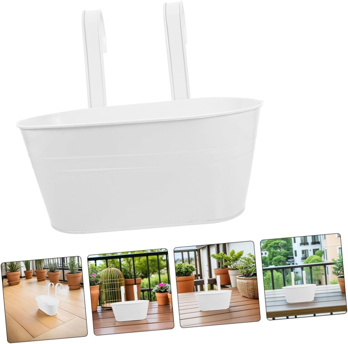 Kichvoe 3pcs White Wrought Iron Hanging Flower Baskets with Detachable Handles, Oval 27x14.5cm Metal Balcony Planters for Garden Fence Railings and Outdoor Patio Gardening