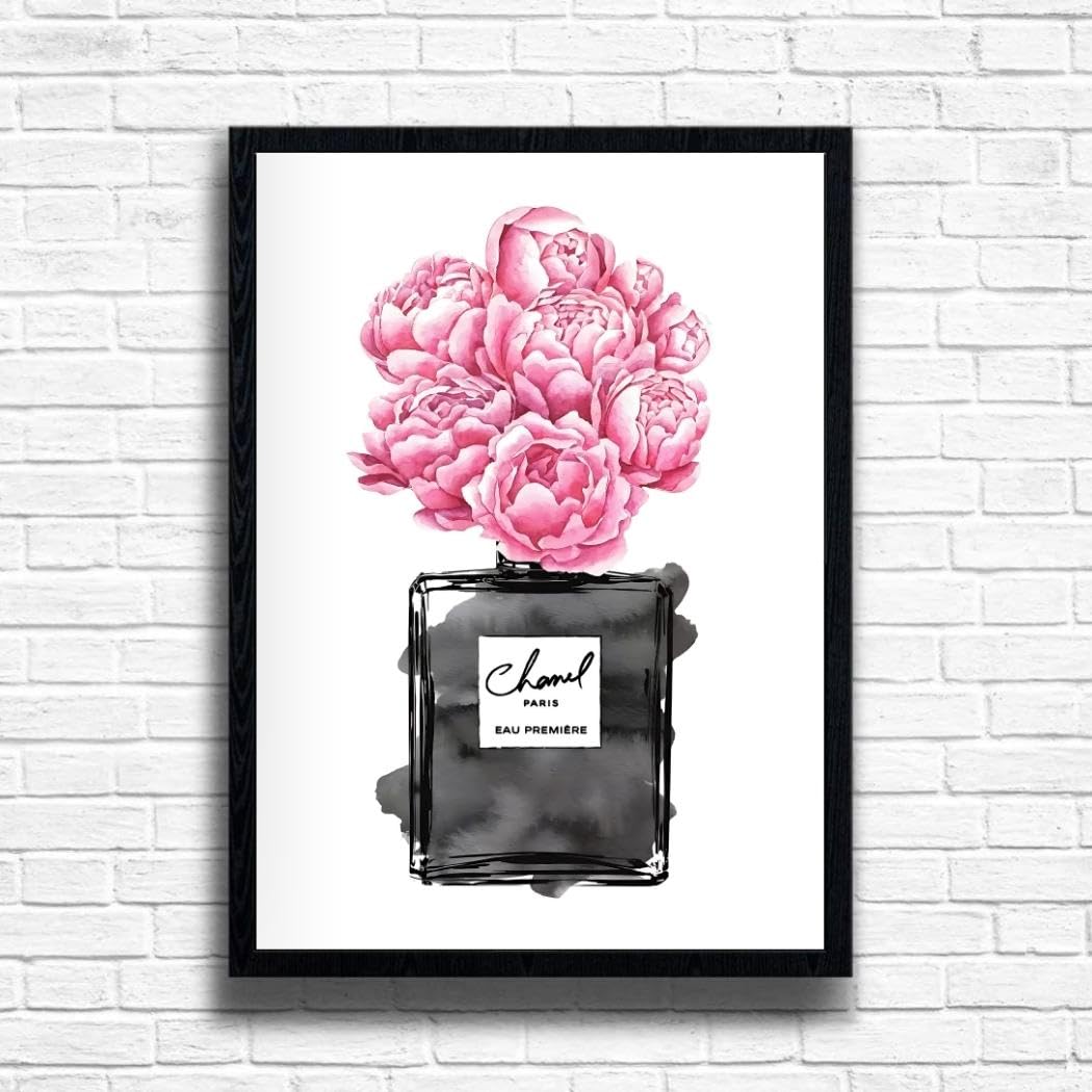 Pink Roses Parfume Bottle Print, Pink Fashion Wall Art Posters Designer Bag Shoes Book Makeup Poster Gallery Art Print Picture Home Decor- A3, A4 Size frame options (A3 Framed (Black))