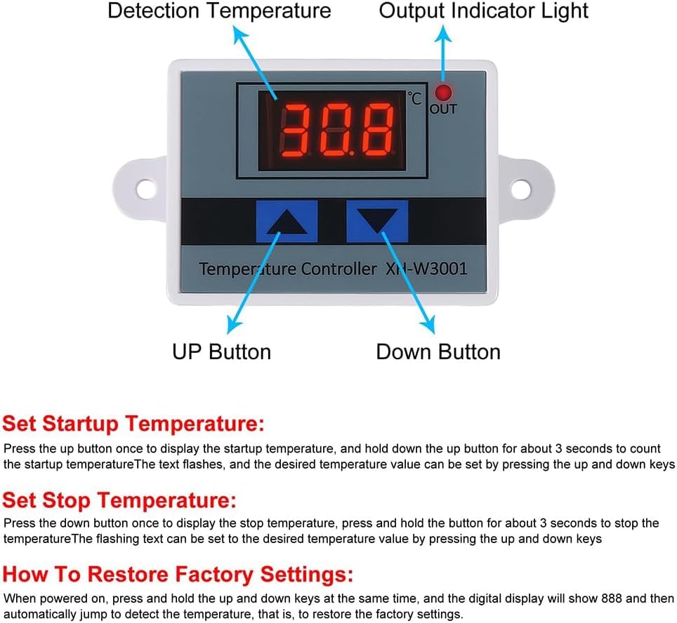 Image of Hexonix XH-W3001 Digital Display Temperature Controller 220V 10A | LED Temperature Controller with Thermostat Control Switch Probe - White