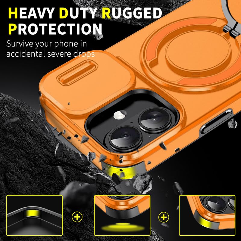 Image of LuxuryKase Shockproof Rugged Case for iPhone 17 | Slide Camera Cover | 360 Rotating Ring Kickstand | Military-Grade Protection - Sunset Orange