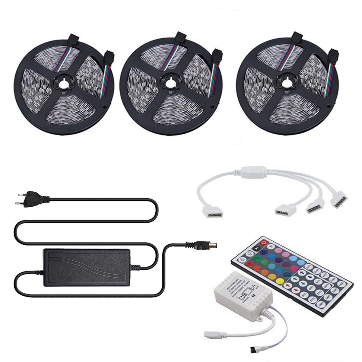 15m (3x 5m) Striscia LED RGB, 5050 SMD 450 (3x 150) LED, Set completo con telecomando 44 tasti e alimentatore 12V, IP65 impermeabile per casa, bar, Natale, feste e matrimoni
