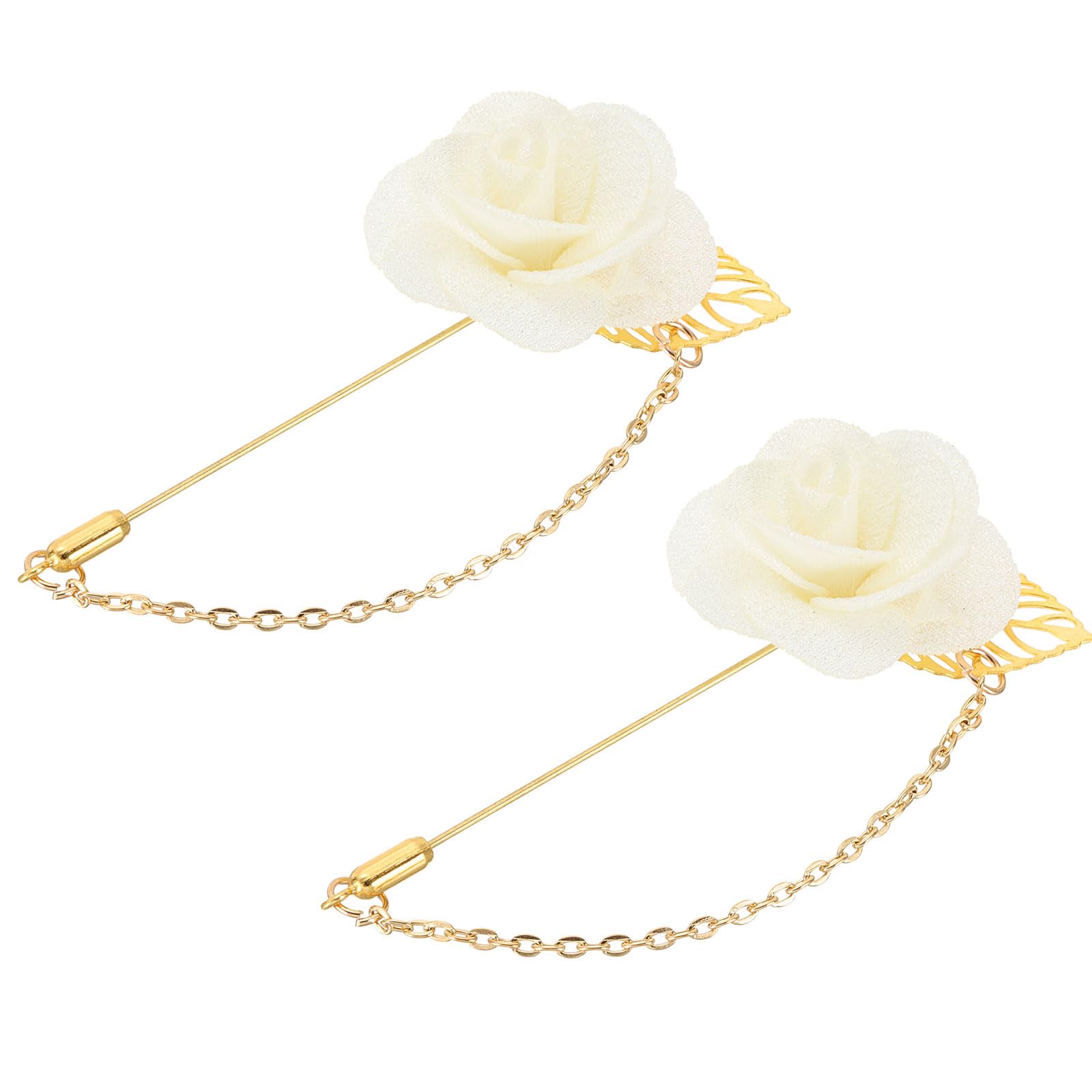 MECCANIXITY Flower Lapel Stick Brooch Pin with Gold Leaf Brooch Satin Tassel Chain Dangling Handmade Boutonnieres Pins for Collar Wedding Party
