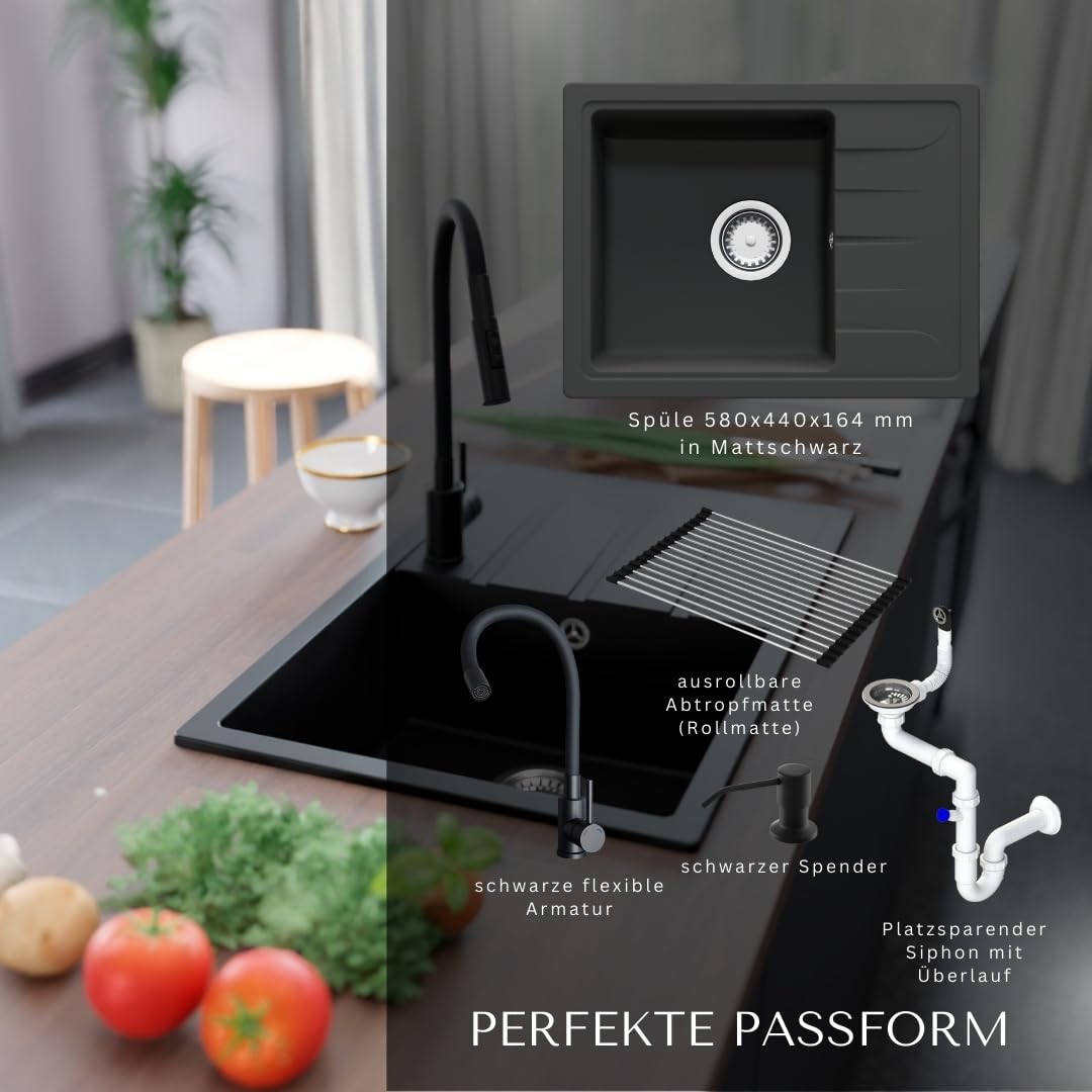 GRANMASTER Gracia Granitspülbecken Komplett-Set, Flexiblen Wasserhahn, Siphon, Seifenspender und Rollmata – 1-komoriger Spülbecken, kratzfest, hitzebeständig, modernes Design für die Küche