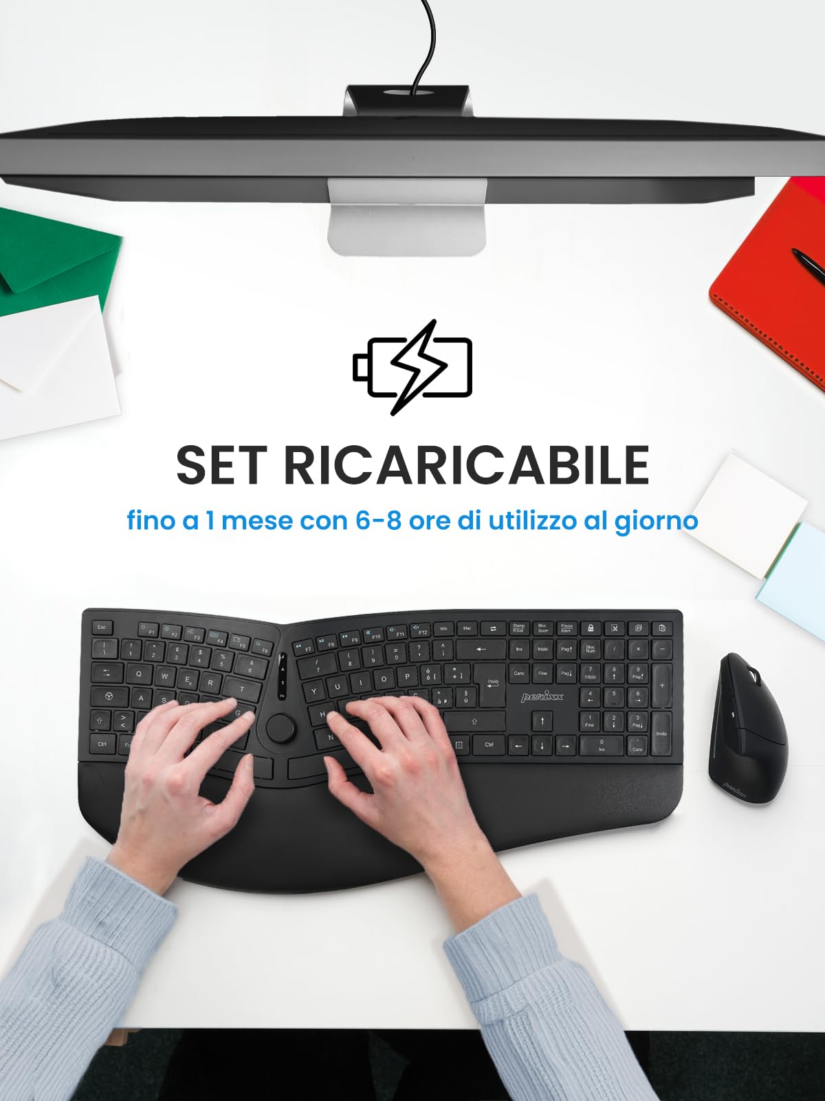 Perixx PERIDUO-614IT, Combo Ergonomico Wireless Silenzioso con Tastiera e Mouse Verticale – Poggiapolsi Regolabile – Tasti a Forbice X-Type stile Laptop – Ricaricabile – Layout IT