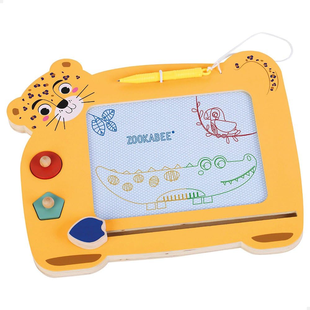 WOOMAX Tableau magnétique en Bois, Peint en 4 Couleurs différentes, avec 2 tampons, Gomme et Stylo, Motif léopard, Jouets pour Enfants de 3 Ans, Jeux éducatifs, Tableaux Noirs pour Enfants, FSC