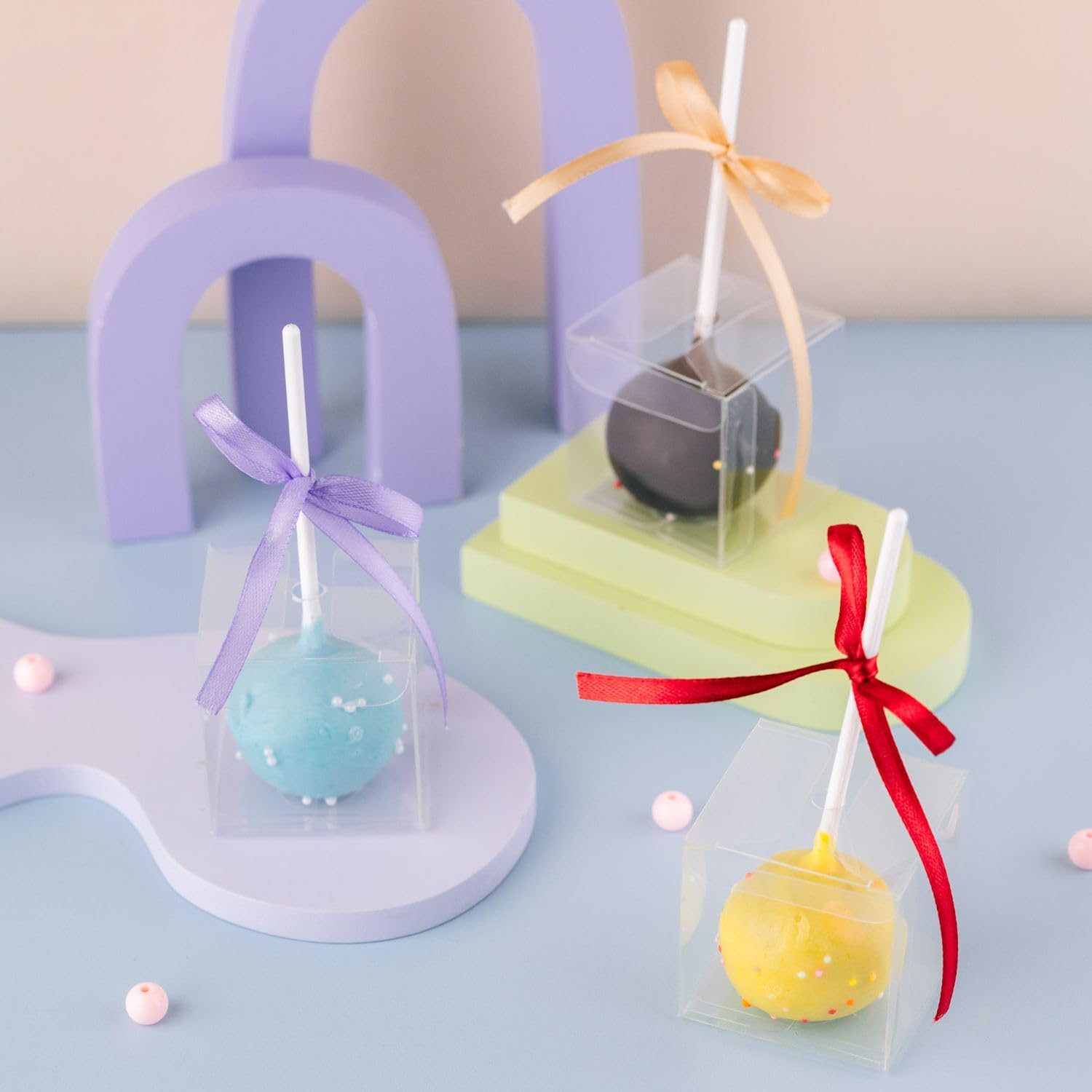 Decvel 2x2x2 inches Cake Pop Boxes with Hole (100 Pack) - Plastic Clear Boxes for Treats, Mini Gift, Small Candy - Macaron Box - Wedding, Party Favor Box image 2