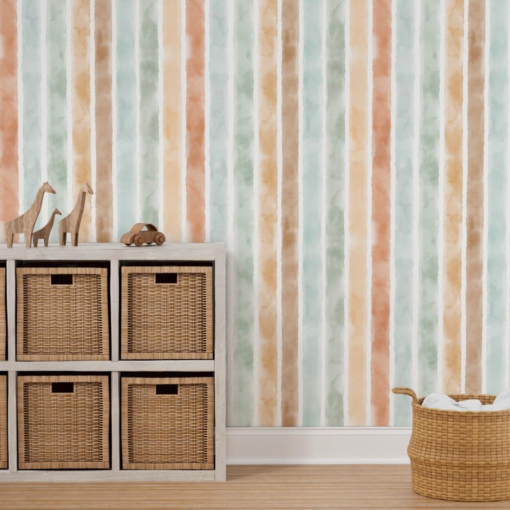 Peel & Stick Wallpaper 3ft x 2ft - Watercolor Stripes Mint Neutral Colors Vertical Lines Orange Green Custom Removable Wallpaper by Spoonflower