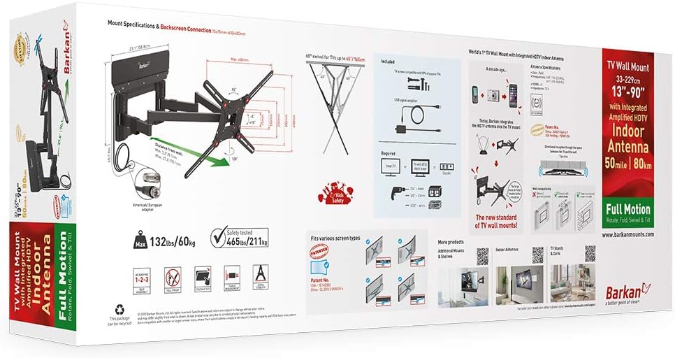 Barkan Long TV Wall Mount, 13-90 inch Dual Arm Full Motion Articulating - 4 Movement Flat/Curved Screen Bracket, Holds up to 132lbs, Extra Stable, Fits LED OLED LCD, Integrated tv Antenna