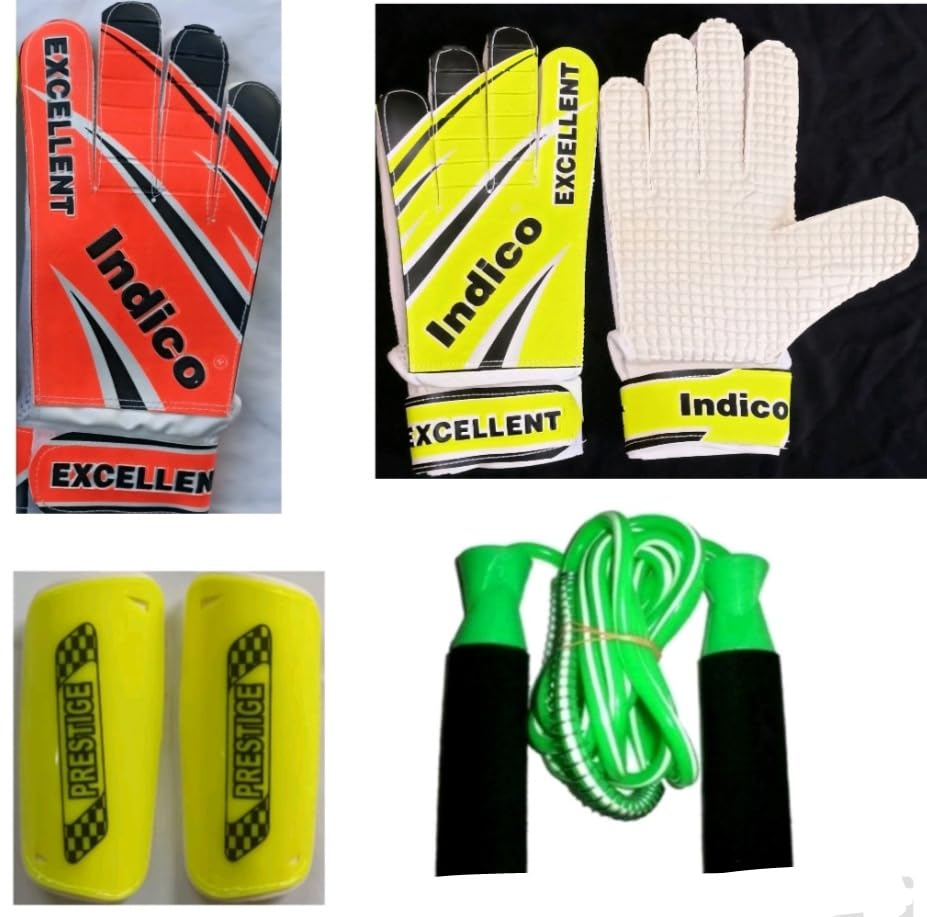 Football Goalkeeper Gloves INDICO Excellent FLOROCENT Colour Combo Pack of 3 Items Gloves, SHIN PAD SHIN Guards and Rope-image-21