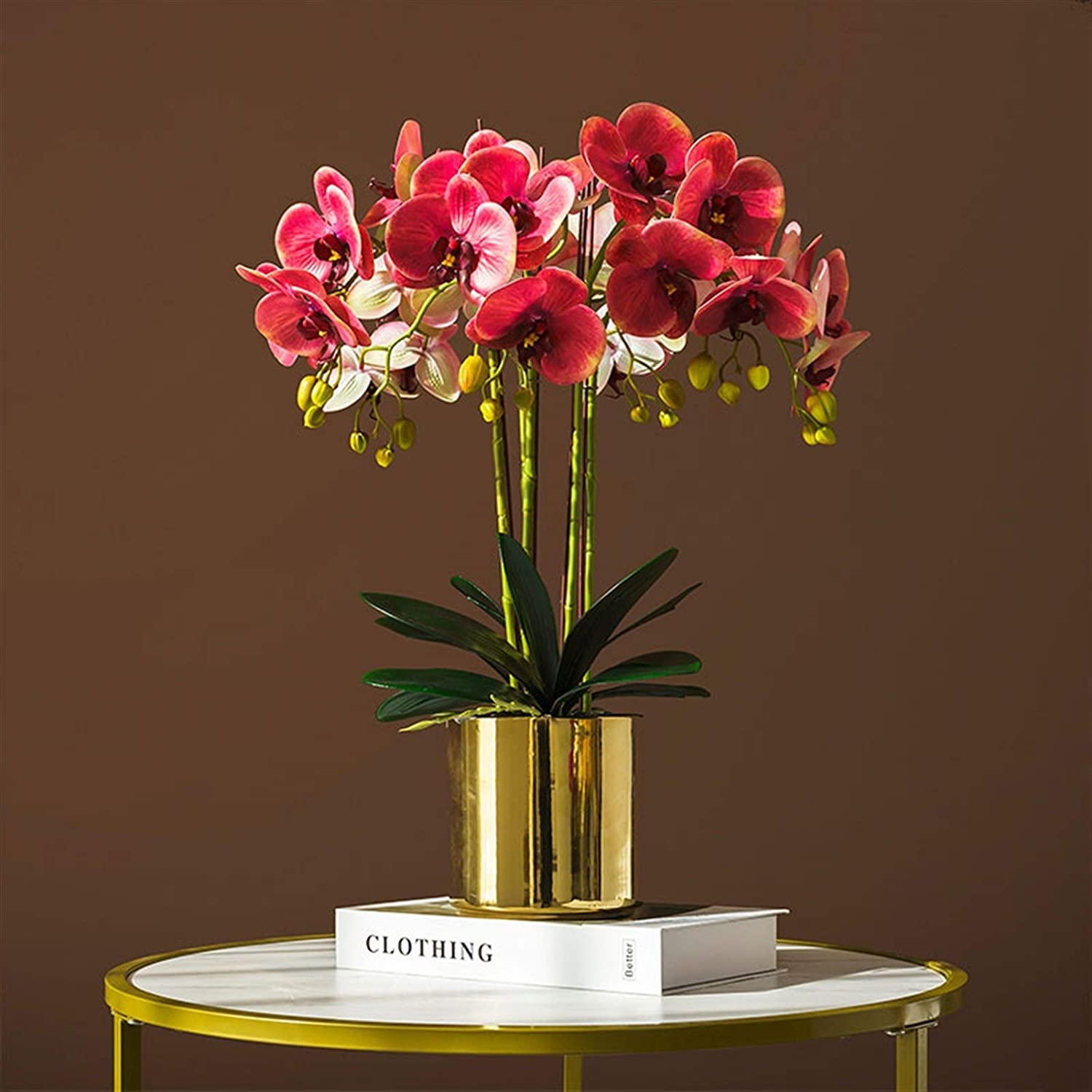 XDLEDMKIZ Orchid Artificial Flowers Artificial Orchid Faux Arrangement with Gold Vase Artificial Phalaenopsis Flowers Silk Faux Orchids Bonsai for Table Decorate natural