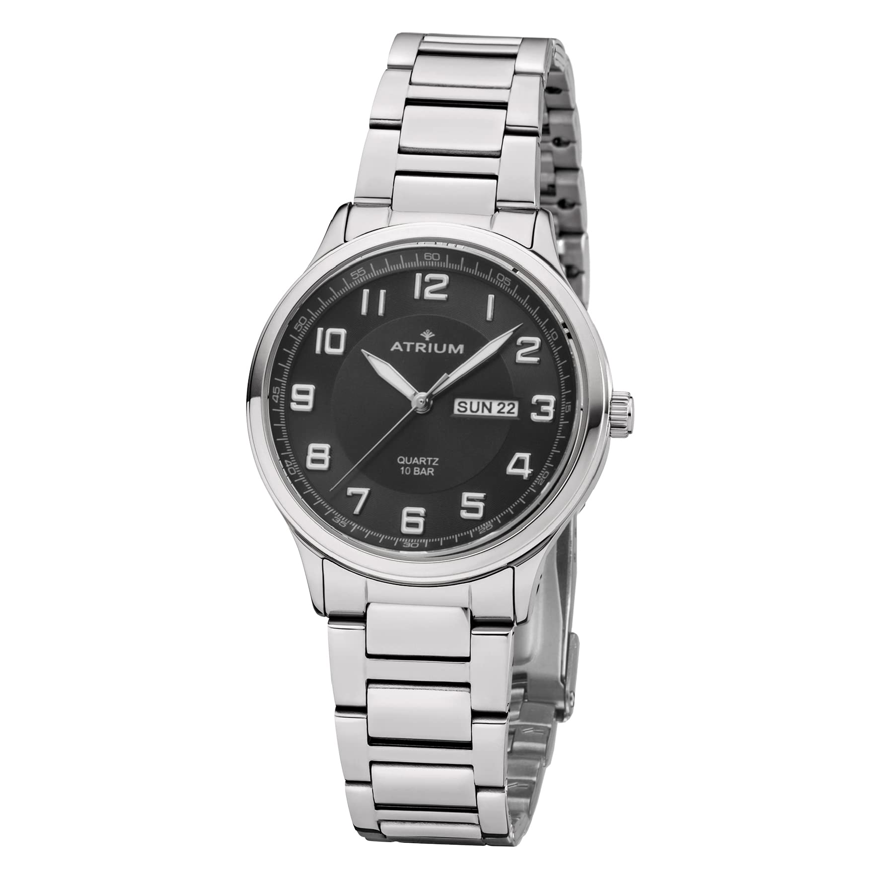 Atrium Herren-Armbanduhr Edelstahl Analog Quarz 10 bar mit Edelstahl Armband und Wochentag Datum Anzeige Silberfarben A39-31