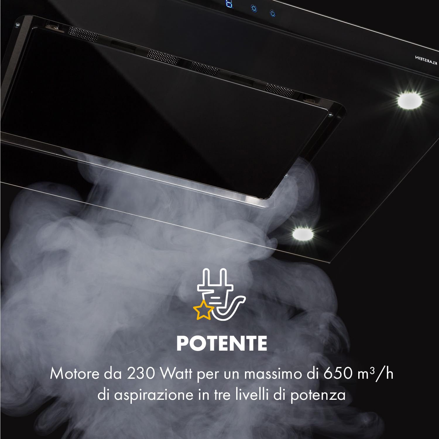 Klarstein Valeria Cappa Isola - 230W, max 650 m³/h, 3 livelli di potenza, illuminazione LED, pannello touch, vetro, acciaio inox, efficiente, PureAmbience Concept, argento