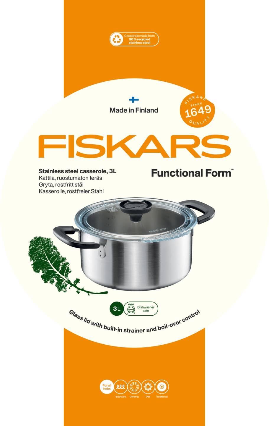 Fiskars Gryte z pokrywką, 3 litry, Ø 22,5 cm, Naczynie żaroodporne, Nadaje się do wszystkich płyt grzewczych, Stal nierdzewna z recyklingu, Funkcjonalny kształt, 1072316