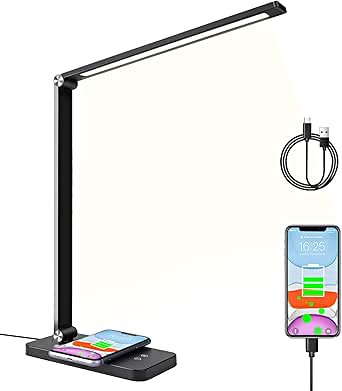 LED-skrivbordslampa med induktiv trådlös laddare, bordslampa med USB-laddningsport 5 färger 3 ljusstyrkenivåer dimbar beröringskontroll hopfällbar kontorslampa för sovrum, studenthem.