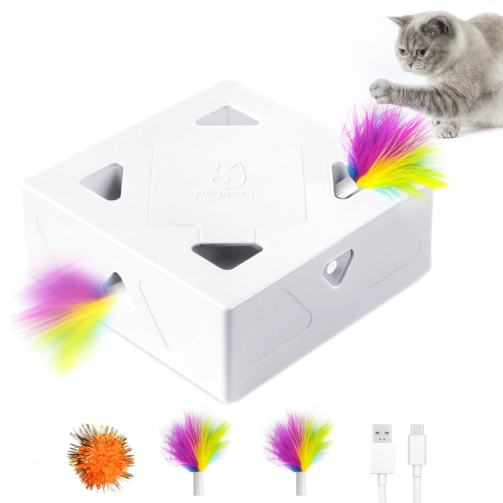 Migipaws Katzenspielzeug, interaktives elektrisches 7-Loch-Mäuse MigiBox, Intelligentes Federspielzeug,Pappspielzeug für gelangweilte Katzen,wiederaufladbar,2St Federn Zubehör