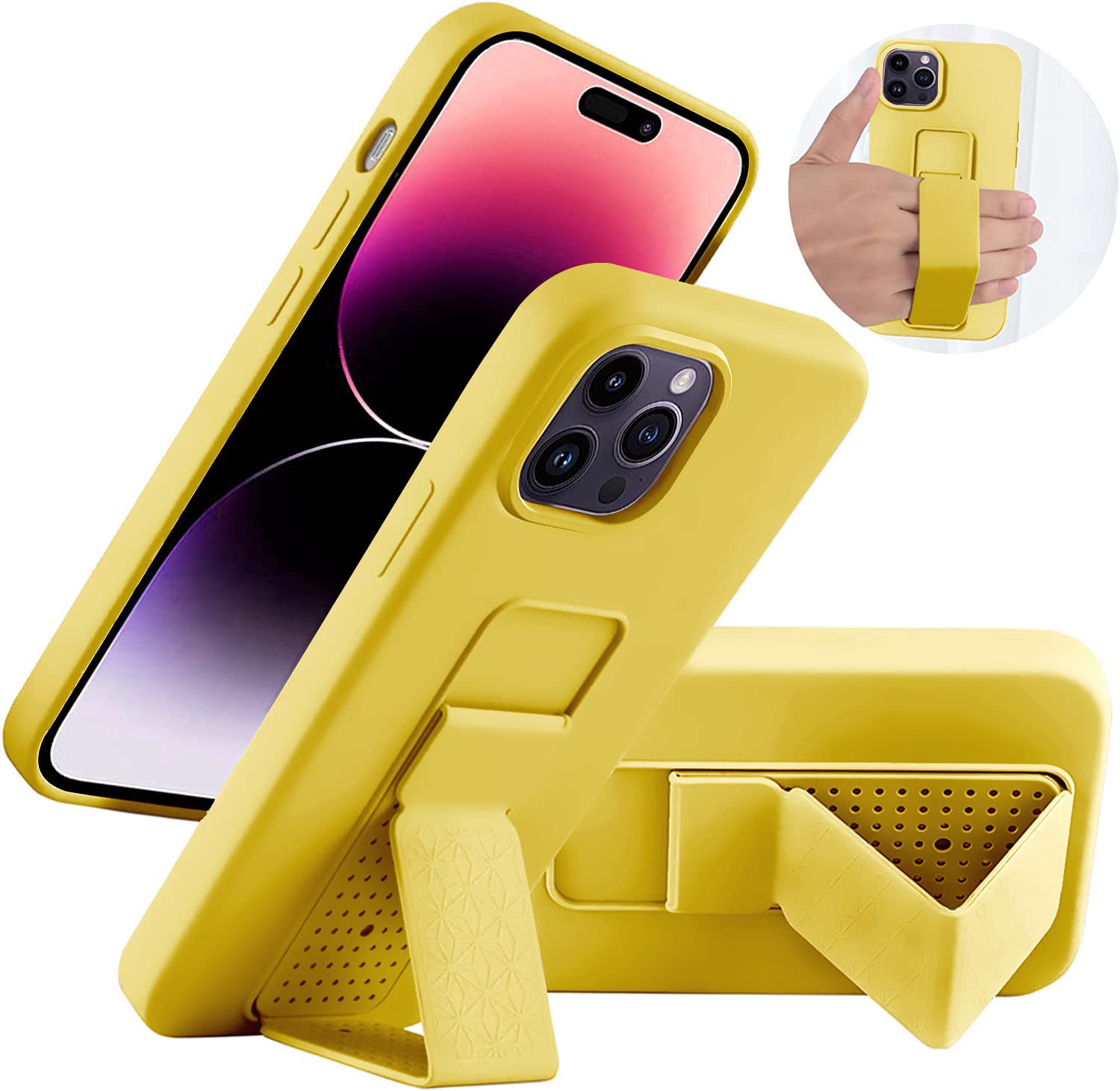 LAUDTEC Silicone Kickstand Case Compatible with iPhone 14 Pro Max case Vertical and Horizontal Stand Hand Strap Metal Kickstand, Flexible Soft Liquid