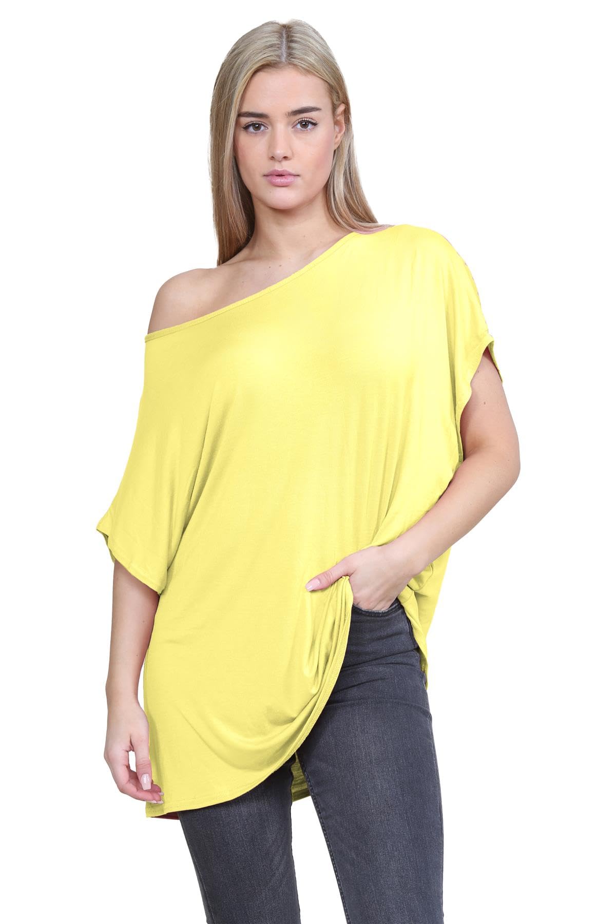 Hamishkane Women's Yellow Hamishkane® Bardot Baggy Style Oversized T Shirt For - New Plain Off The Shoulder Batwing Top, Fashionable Tops For Casual Party Wear