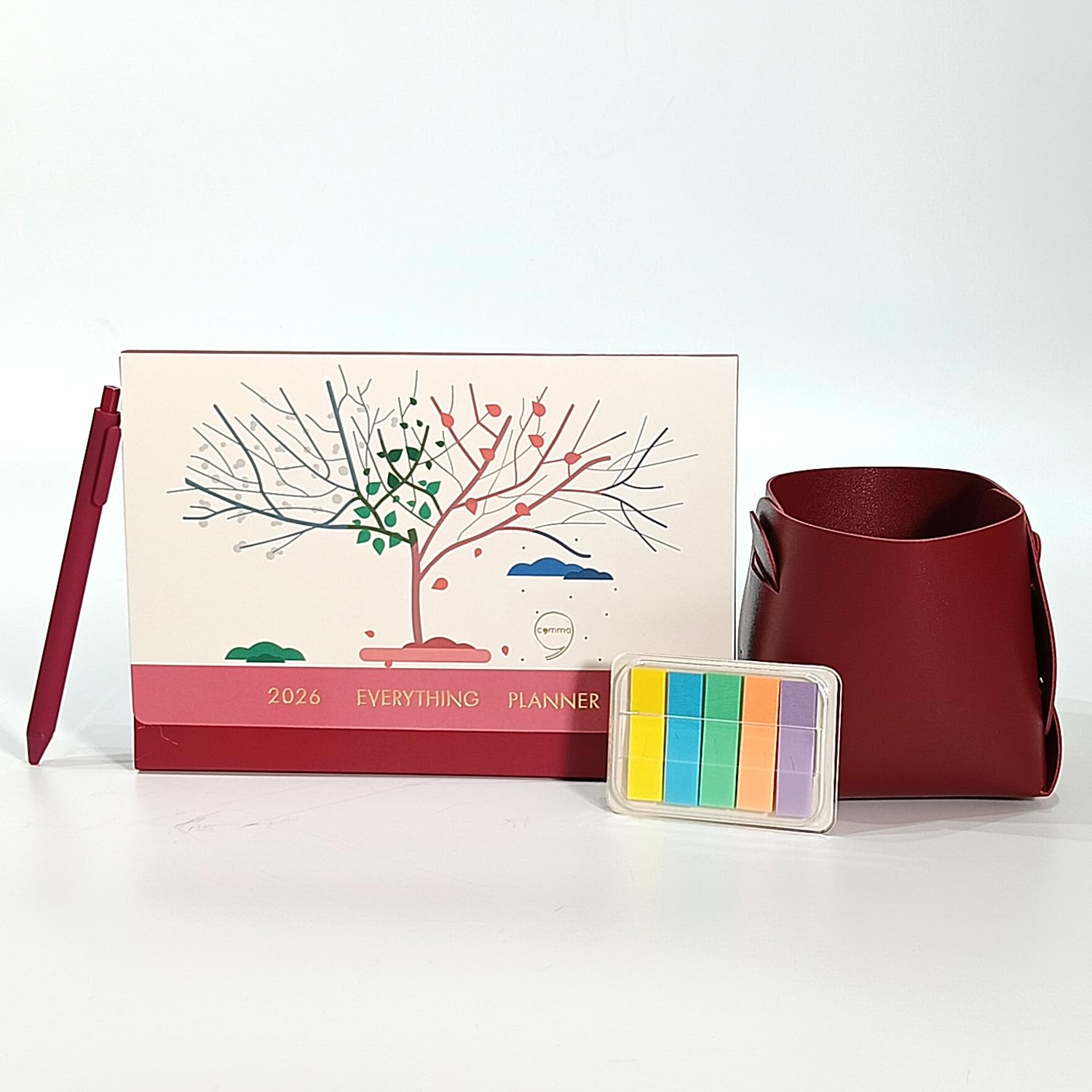 COMMA Everything Planner 2026 Gift Set | A5 Size New Year Diary, DIY Pen Stand, Pen and Sticky Notes | Budget & Mood Tracker, Birthdays, Shopping & Reading Lists and Travel Planner | Fabric Cover Material | (Maroon)